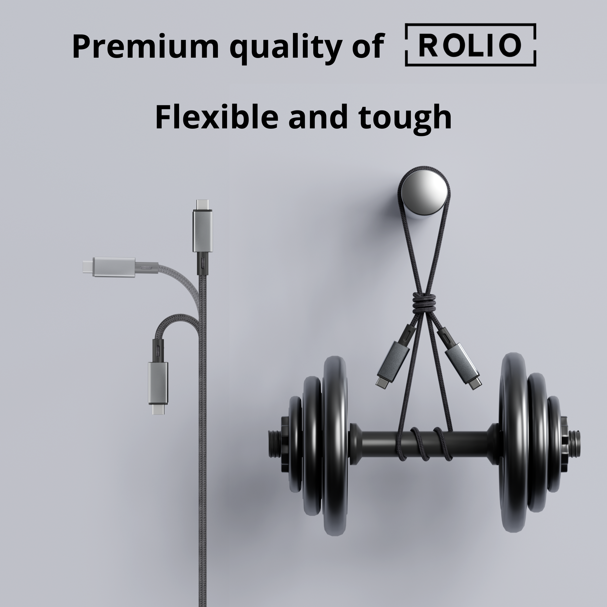 Een flexibele, sterke kabel is om een ​​halter gewikkeld. Meerdere grijze connectoren aan de linkerkant.