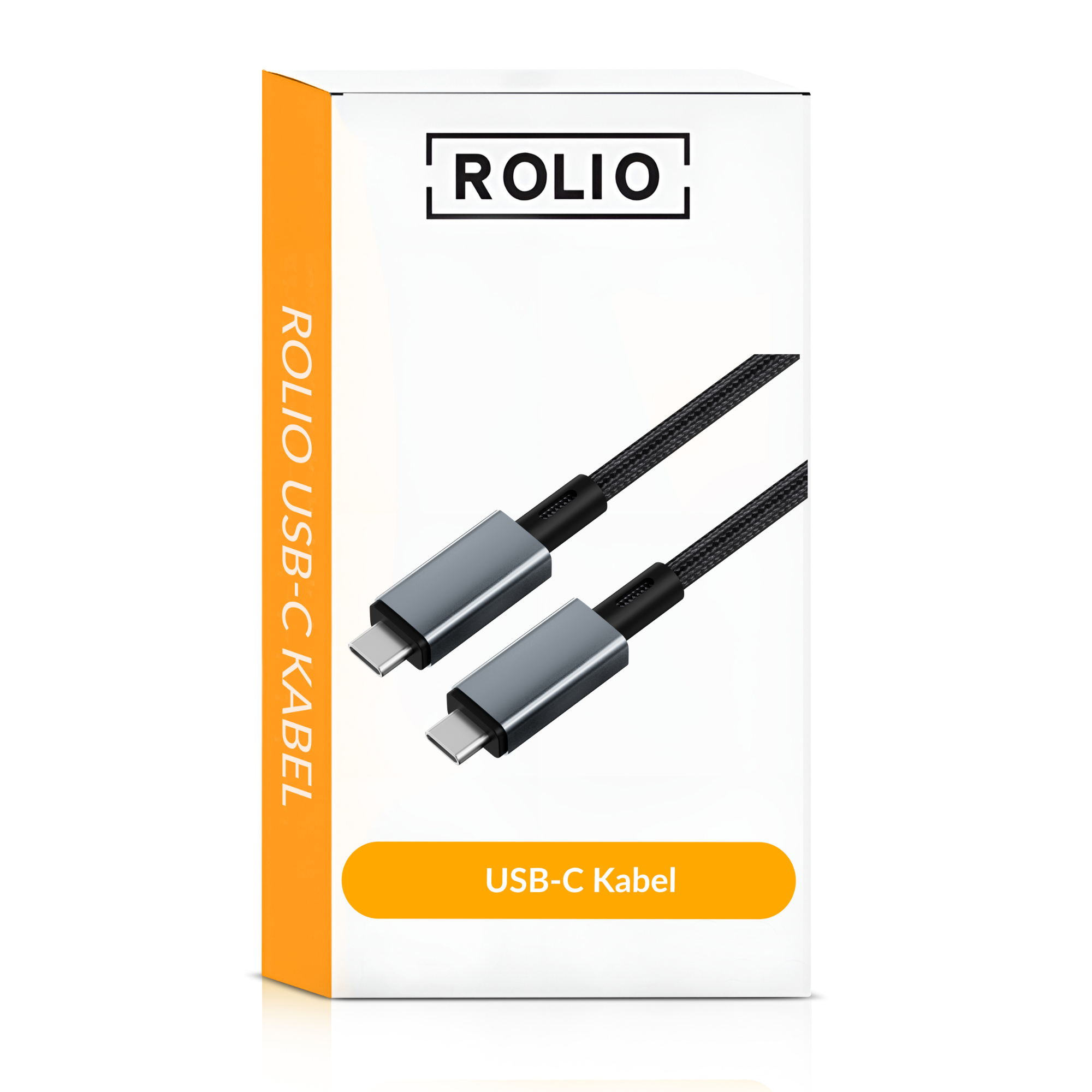 Witte doos met twee USB-C-kabels en tekst: ROLIO USB-C Kabel. Kabels zijn grijs en zwart.