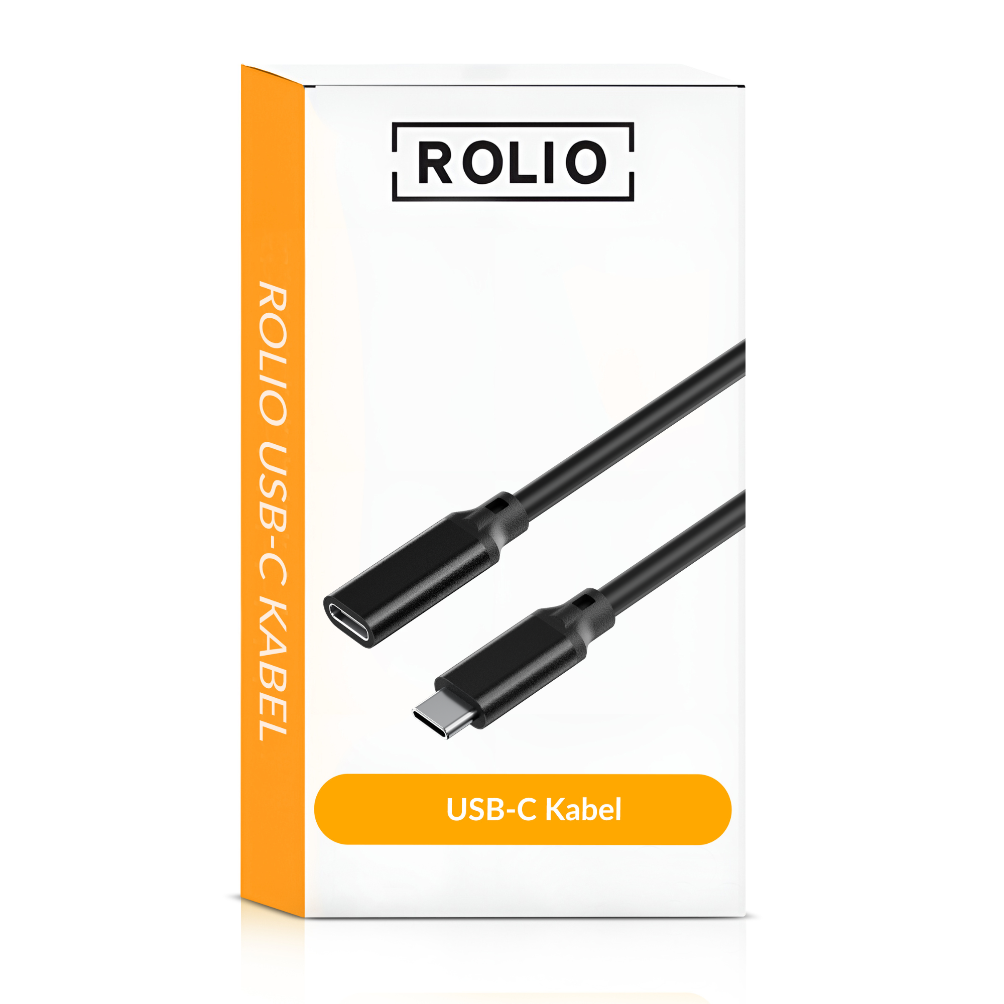 Witte doos met zwarte USB-C kabel, tekst op de doos.