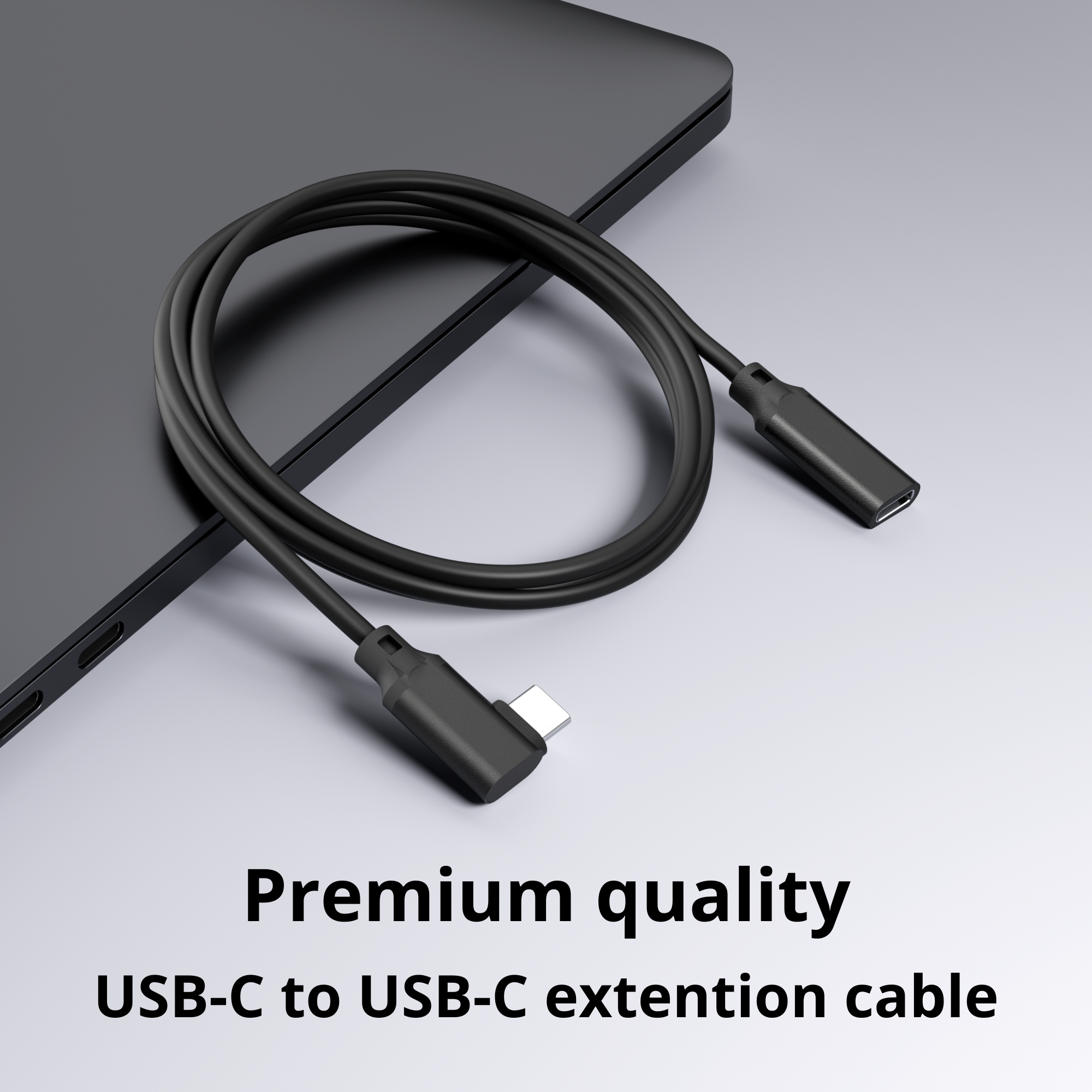 Een zwarte USB-C naar USB-C verlengkabel op een grijs oppervlak, met een premium kwaliteit label.