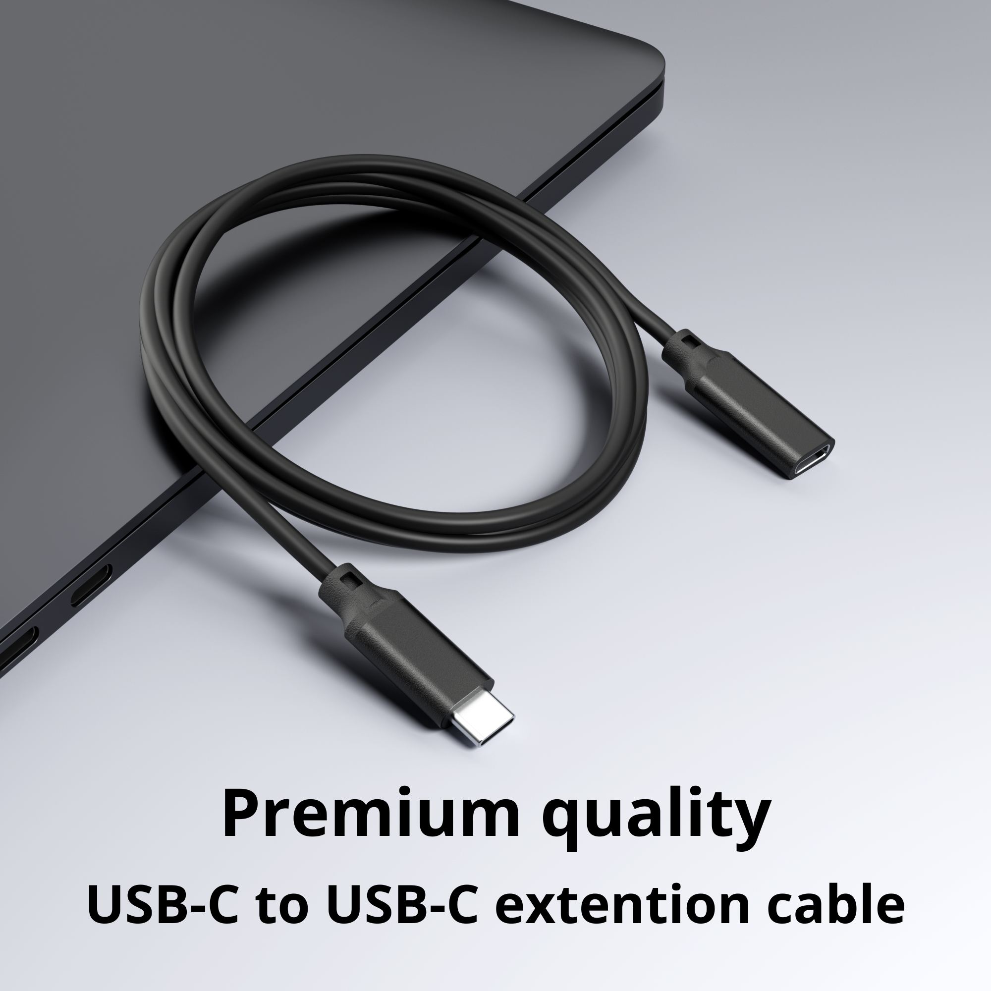 Een zwarte USB-C naar USB-C verlengkabel ligt op een licht oppervlak, met connectoren aan elk uiteinde, met het label 'Premium kwaliteit'.