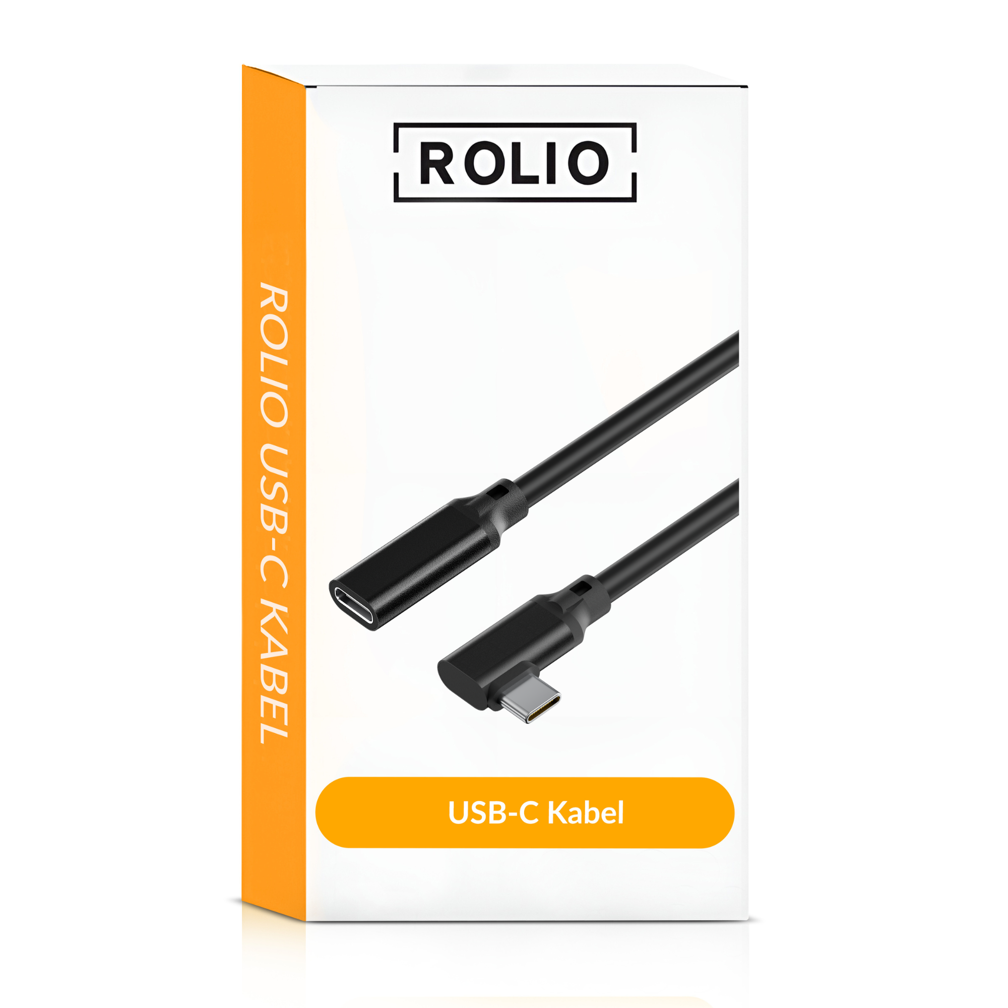 Een witte doos met een zwarte USB-C kabel erin. De doos heeft een Rolio label.