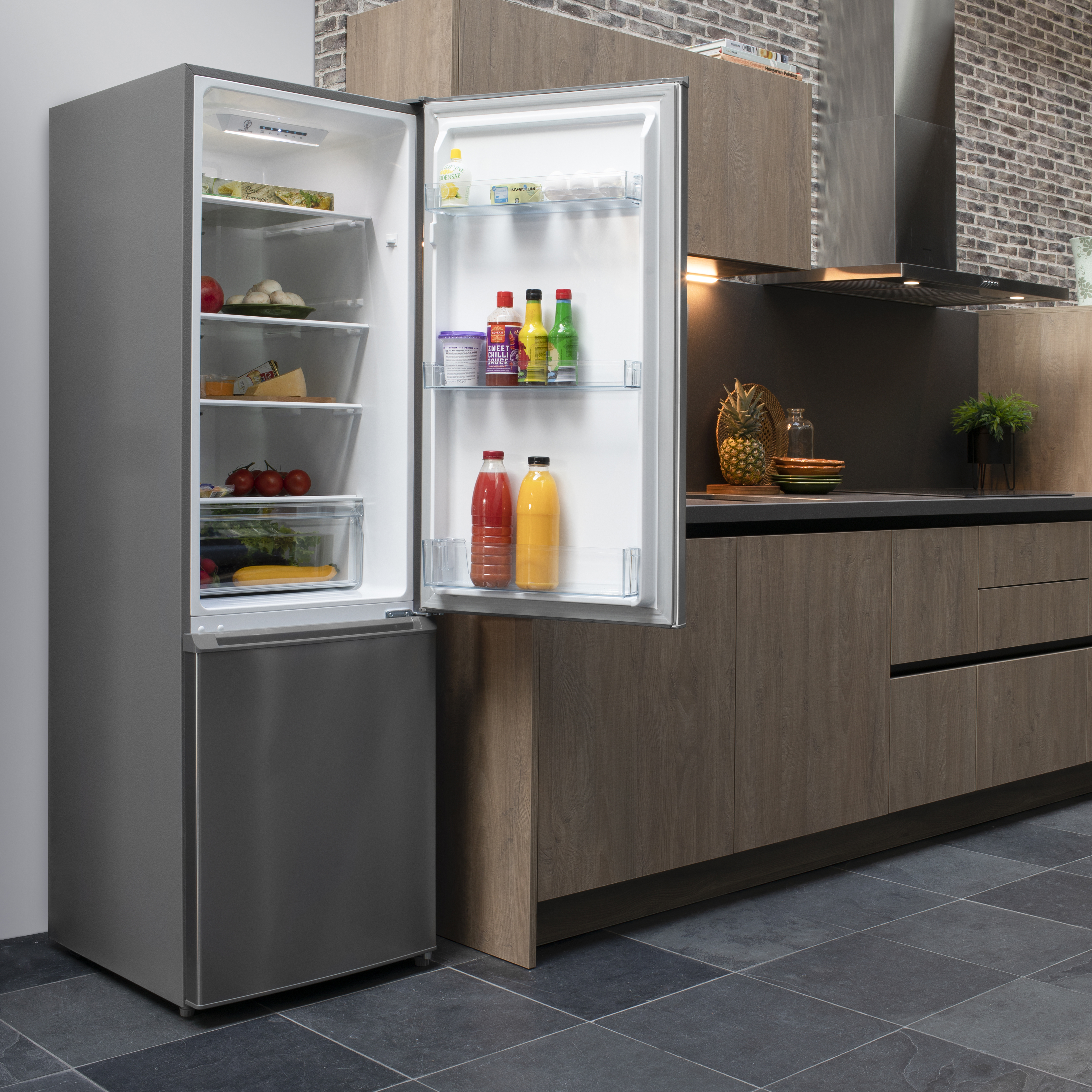 A refrigerator with the door open, showing shelves with food and drinks. It's in a kitchen setting.