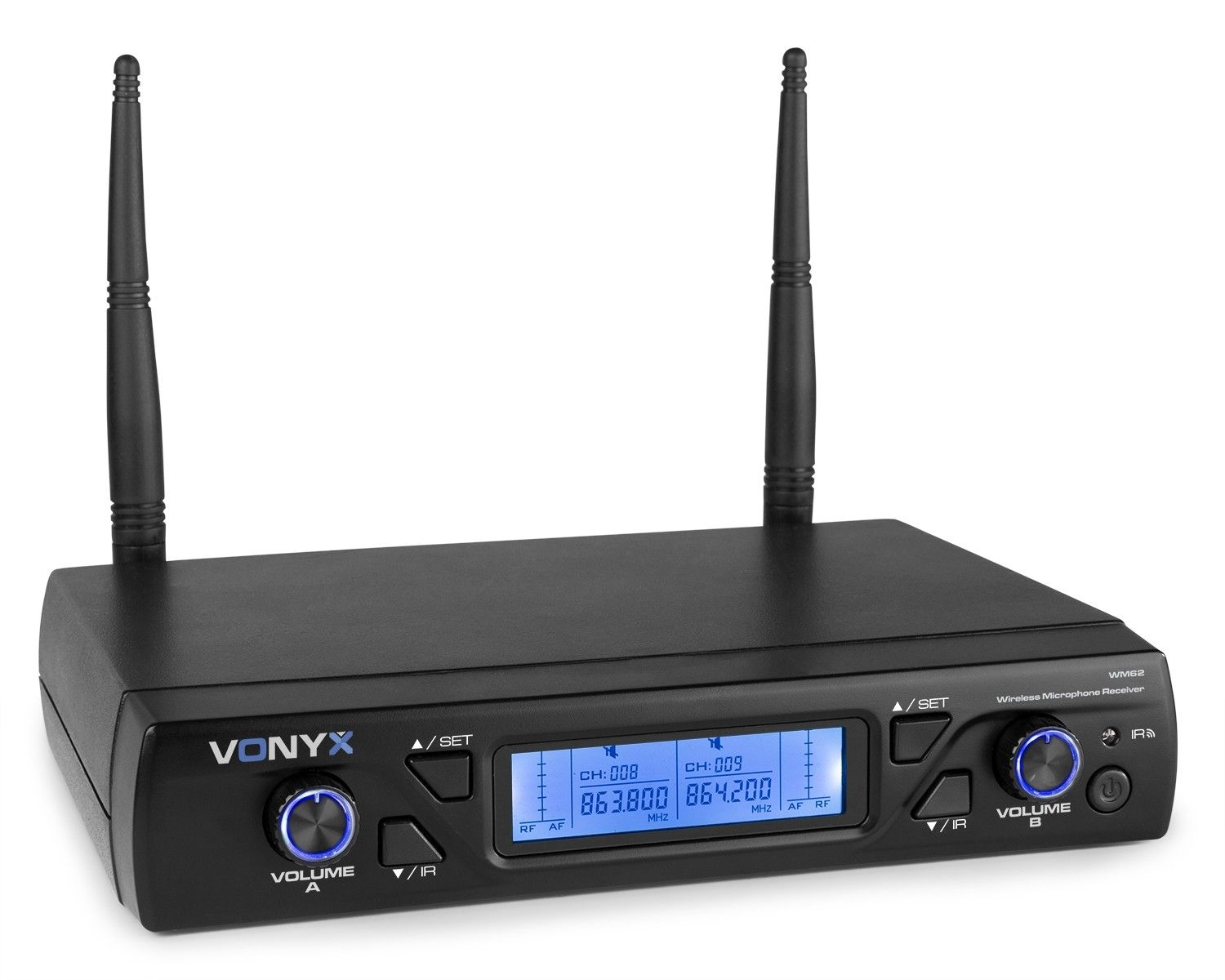 Een zwarte Vonyx draadloze microfoonontvanger met twee antennes, volumeregelaars en een display met frequentie- en kanaalinformatie.