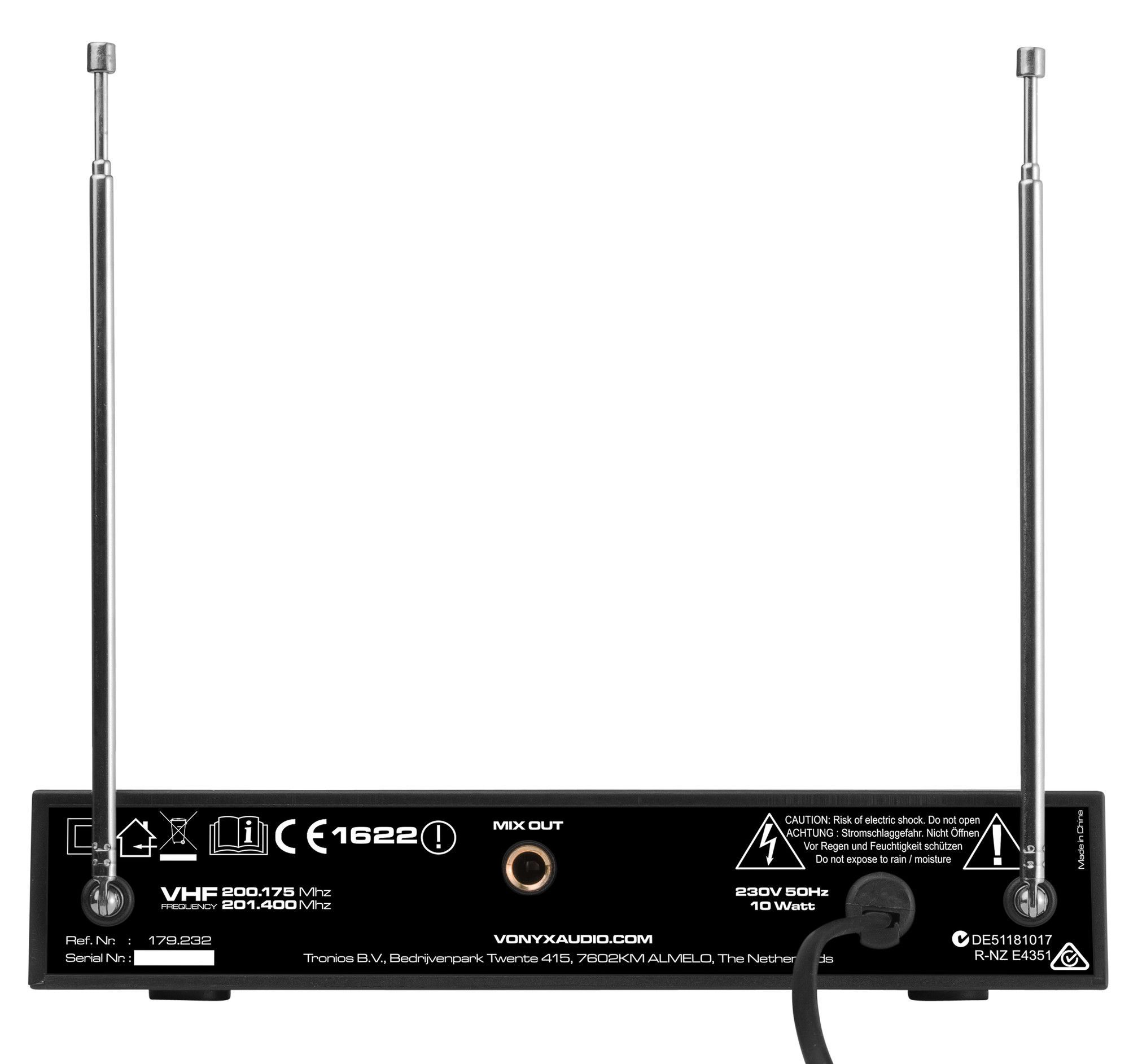 Black audio receiver with two antennas. It has text and symbols on the front, including power details and warnings.