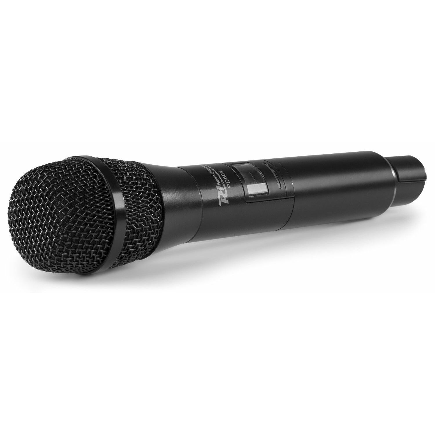A black microphone lies on a white surface. It has a mesh head and a cylindrical body. The logo 'RL' is visible.