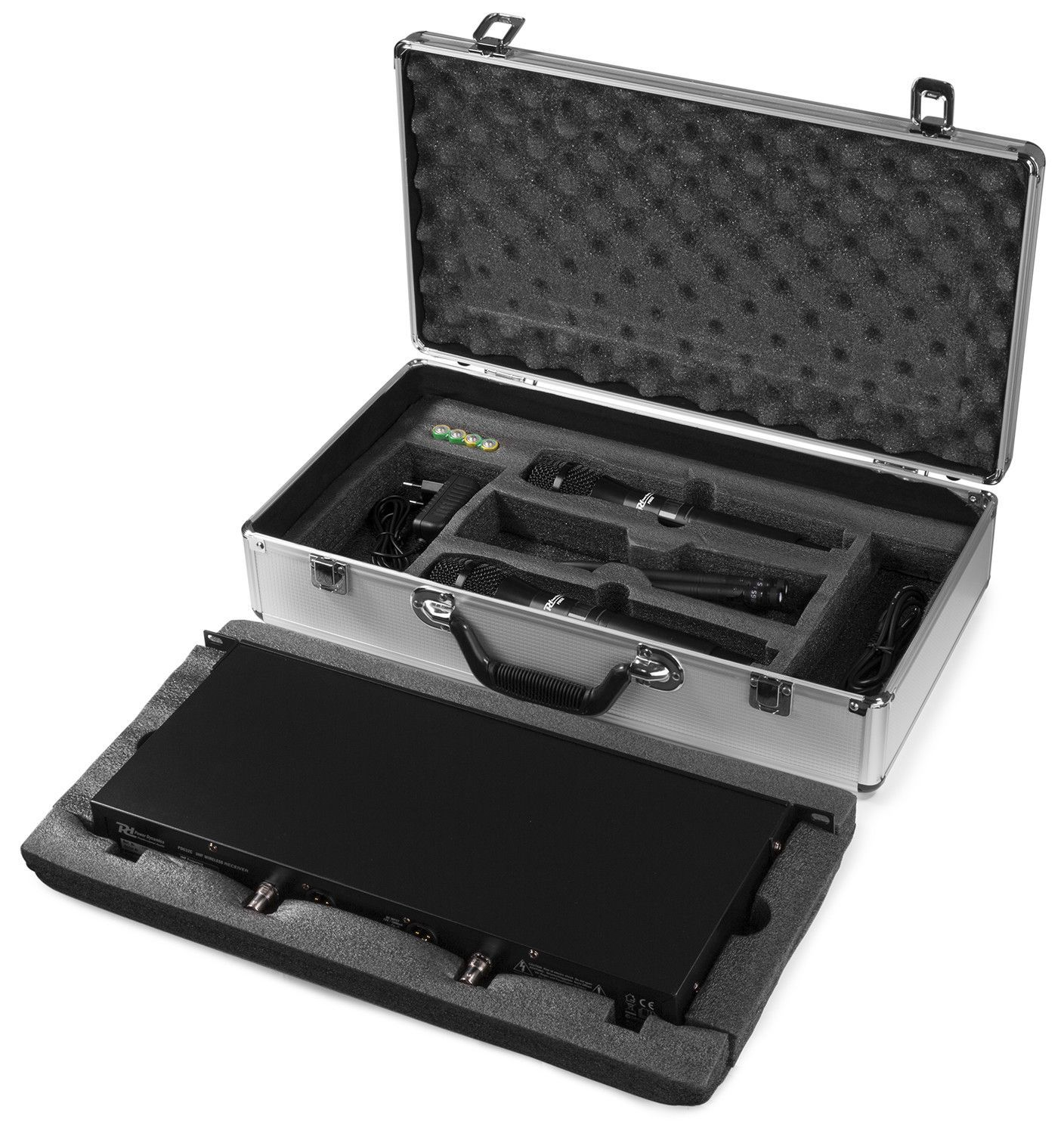 Open silver case with microphones, cables, and a black receiver. Case has black foam lining. Receiver sits on foam.