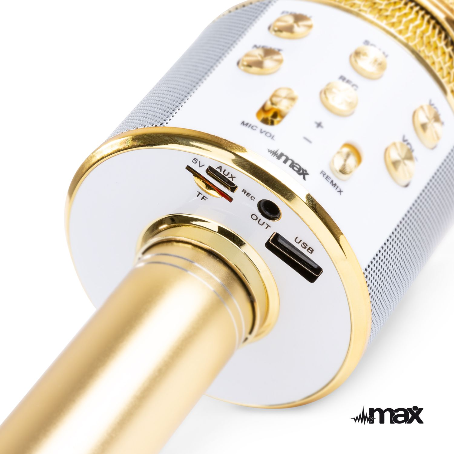 Un microfono karaoke oro e bianco con pulsanti e porte, il marchio è max.