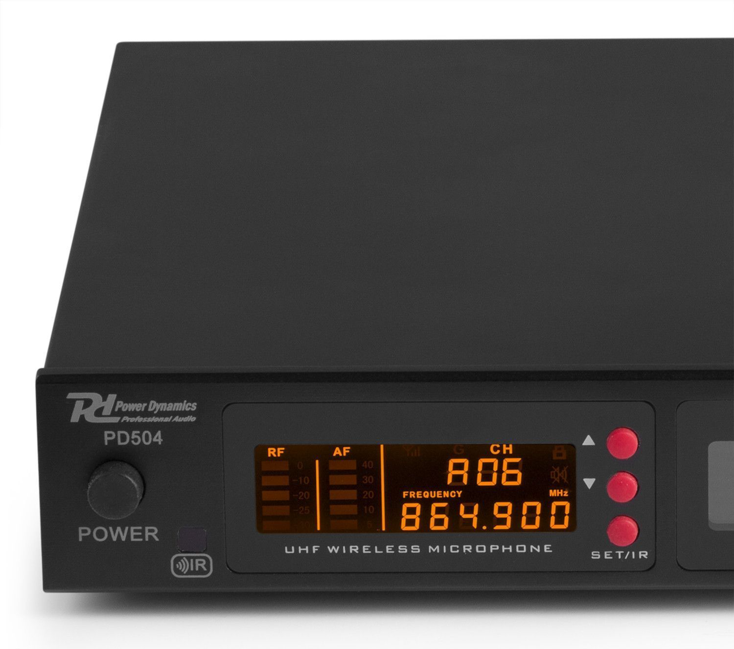 A black Power Dynamics PD504 wireless microphone receiver. Display shows frequency 864.900 MHz. Red buttons are on the right side.