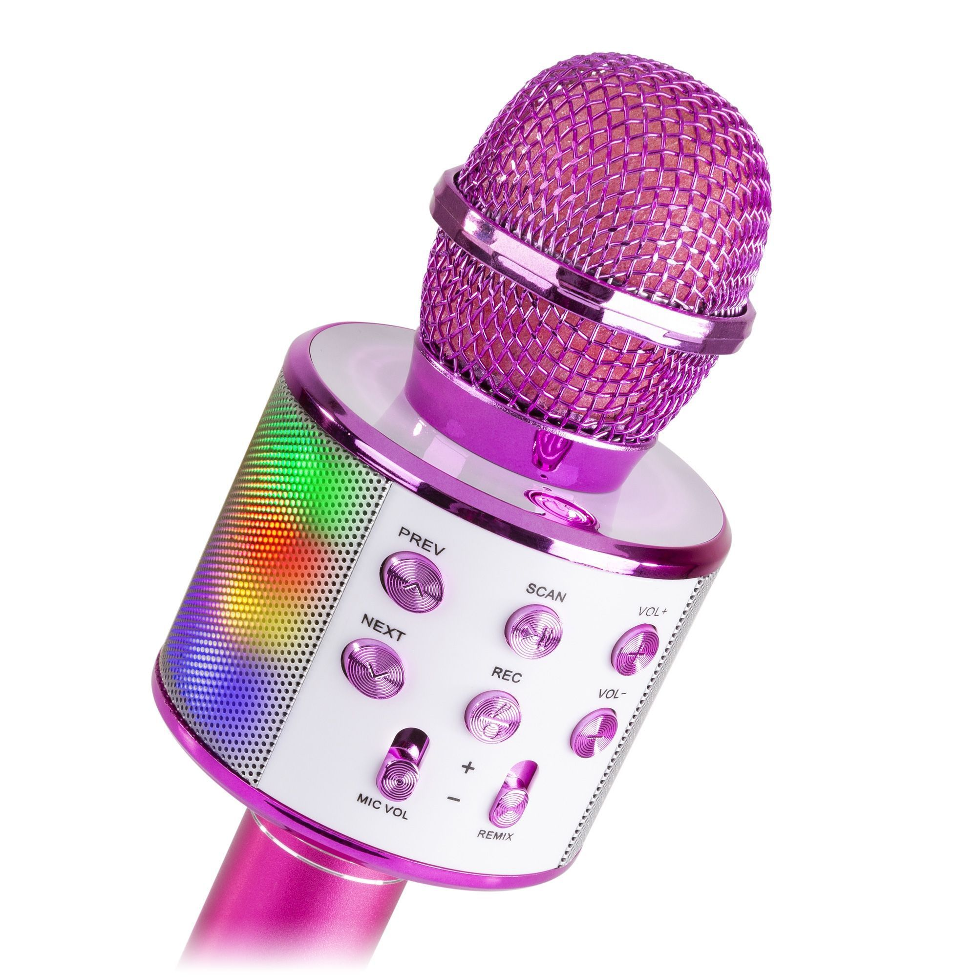 Un microfono karaoke rosa. Ha pulsanti e una testa a rete. La parte inferiore è rosa, con luci colorate sul lato.