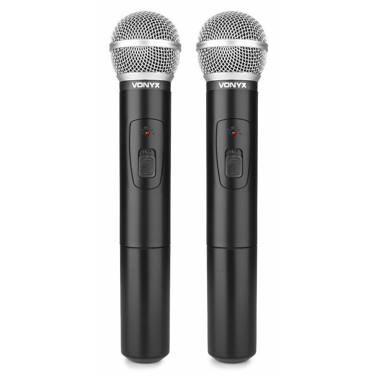 Two black microphones with silver mesh heads. The brand name 'VONYX' is visible. Each has a power button and a red light.