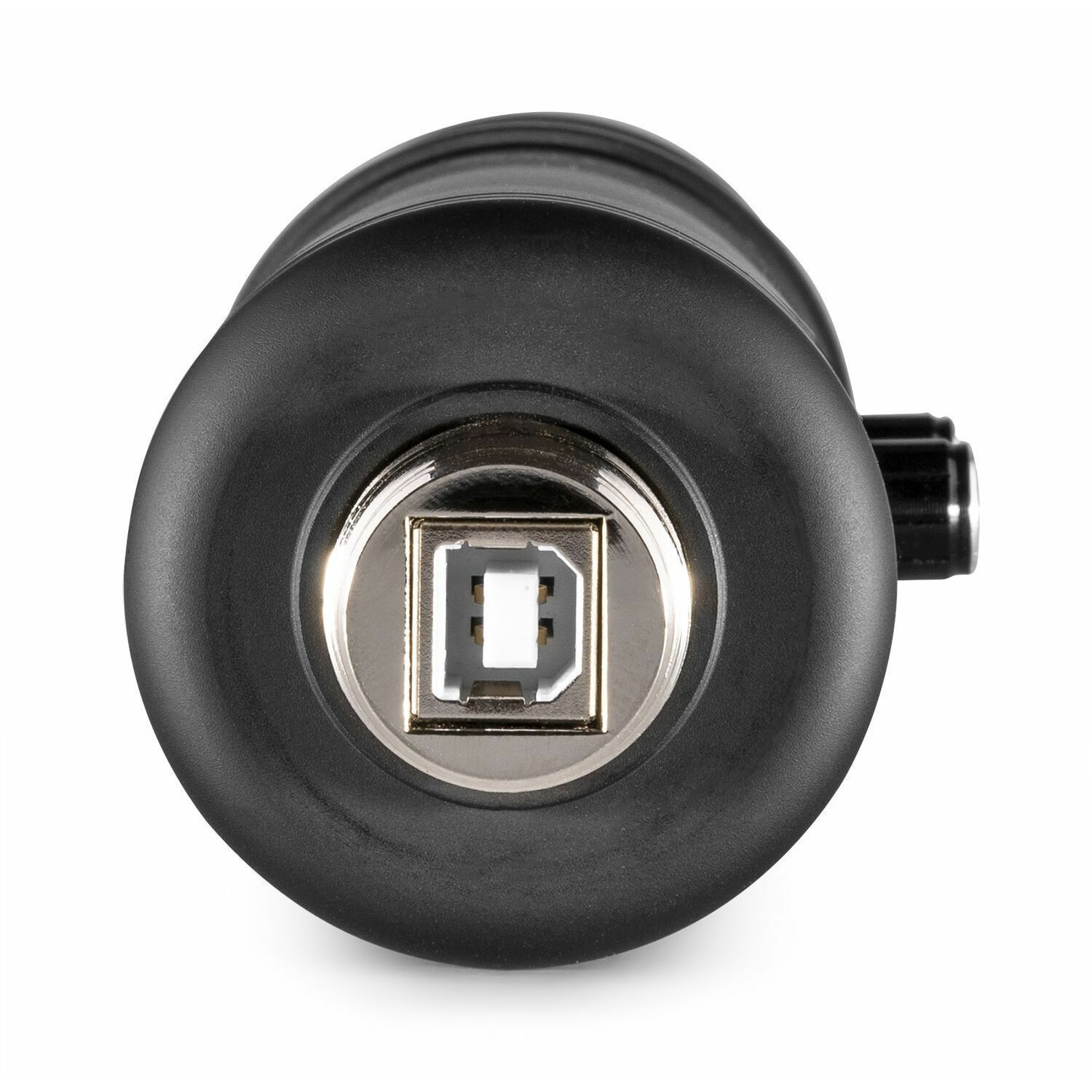 A black USB-C port, close-up, with a cylindrical body.