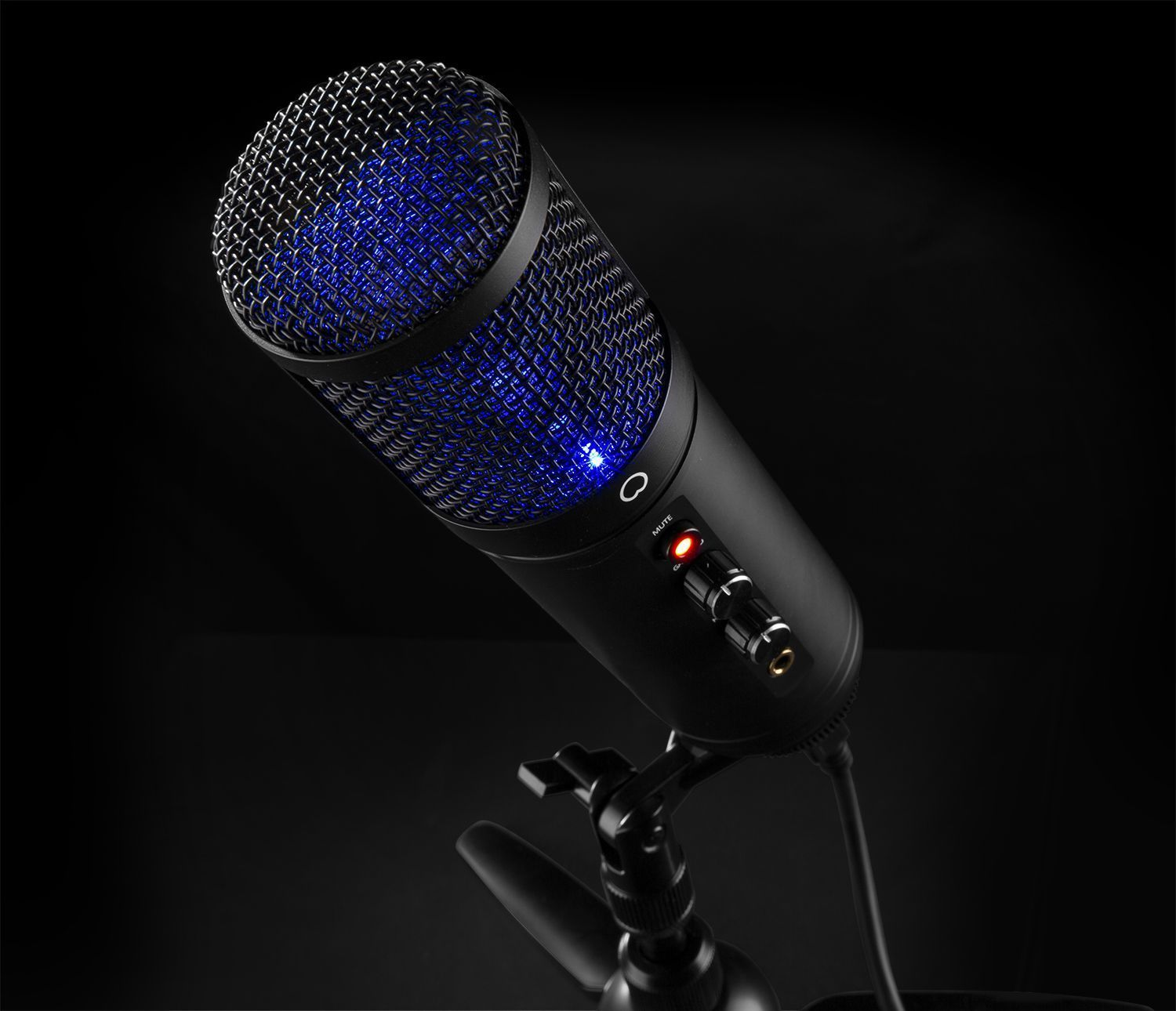 A black microphone with a blue illuminated mesh, on a black background, with a stand.