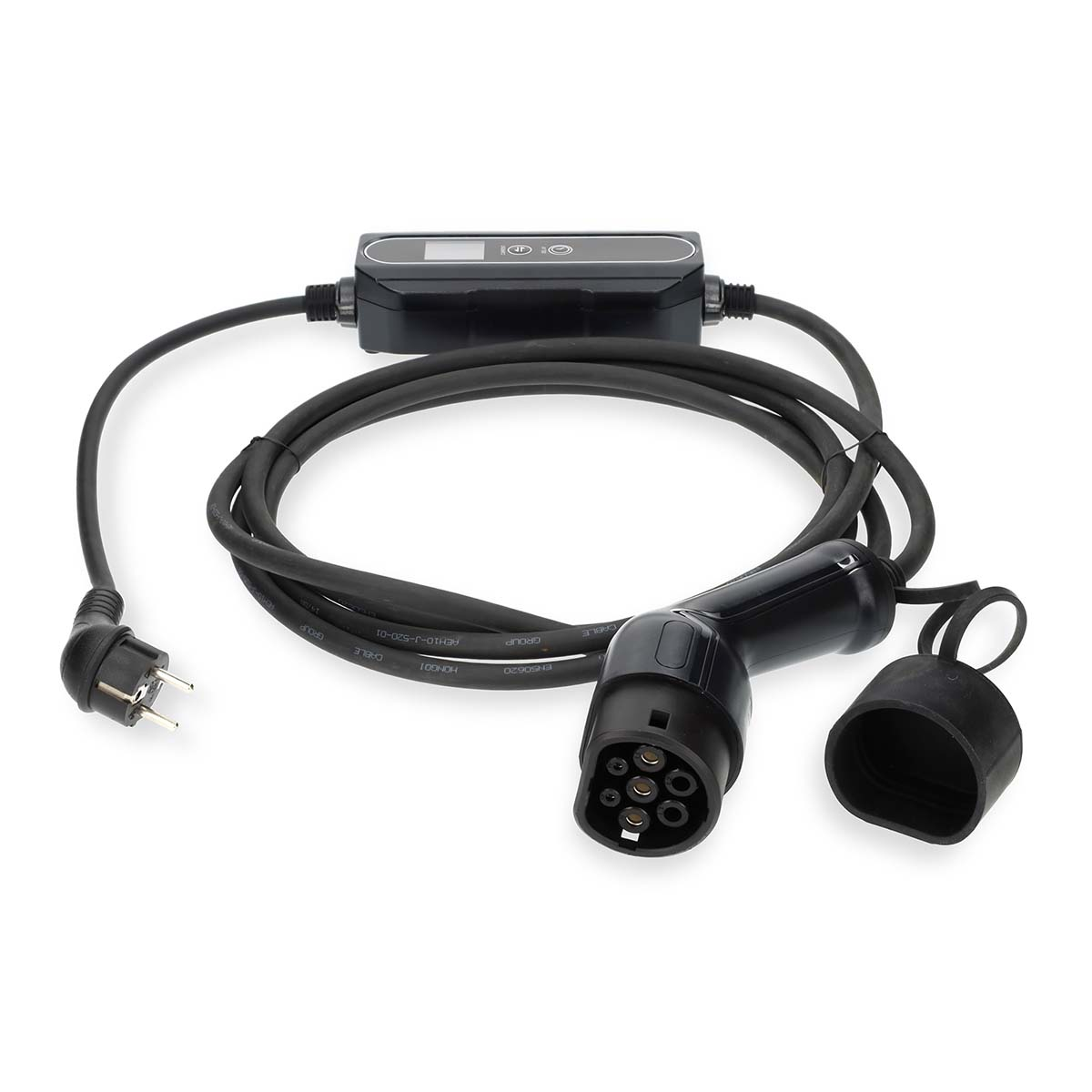 A black EV charger cable. It has a plug on one end and a charging connector on the other.