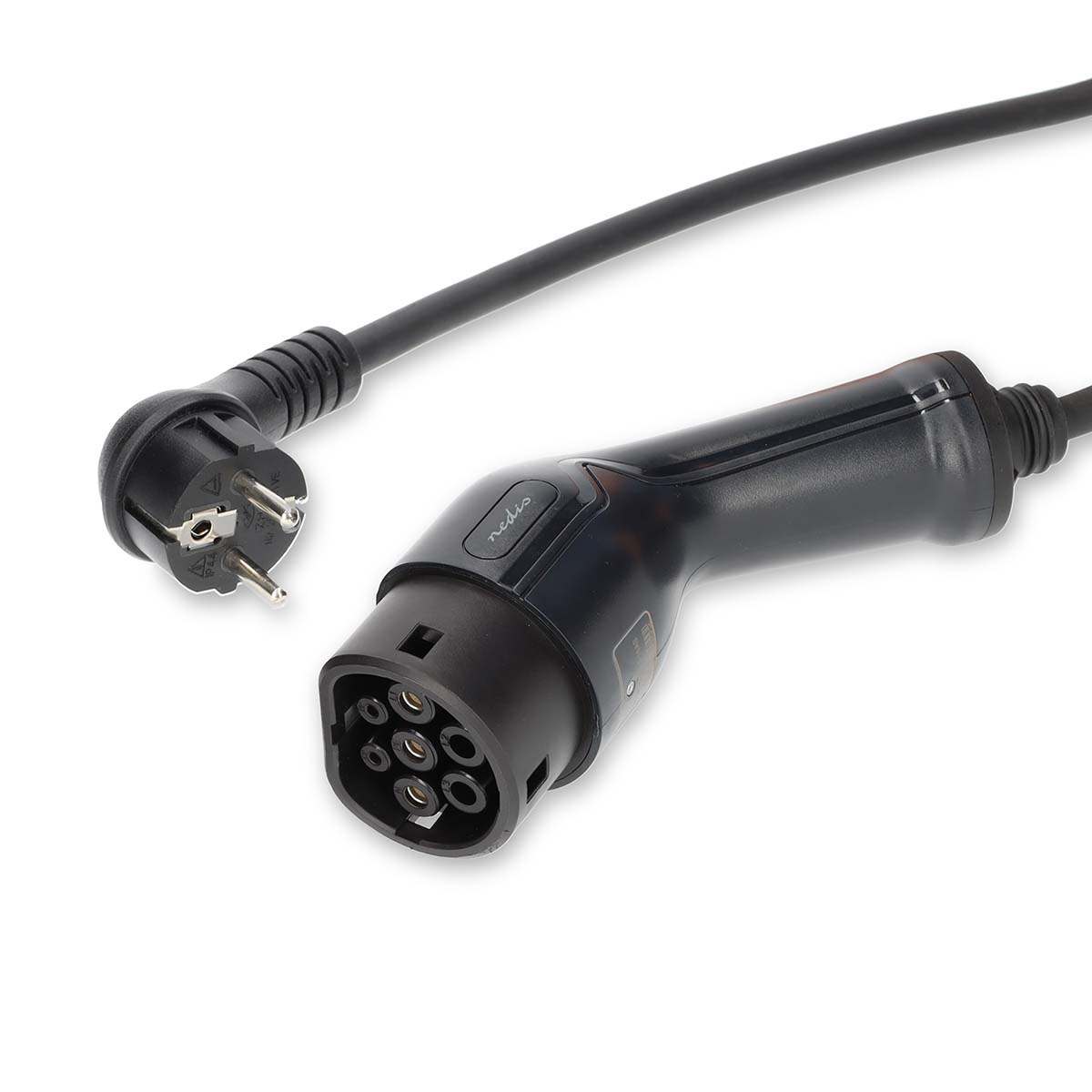 Black and grey Nedis EV charging cable with two connectors, white background.
