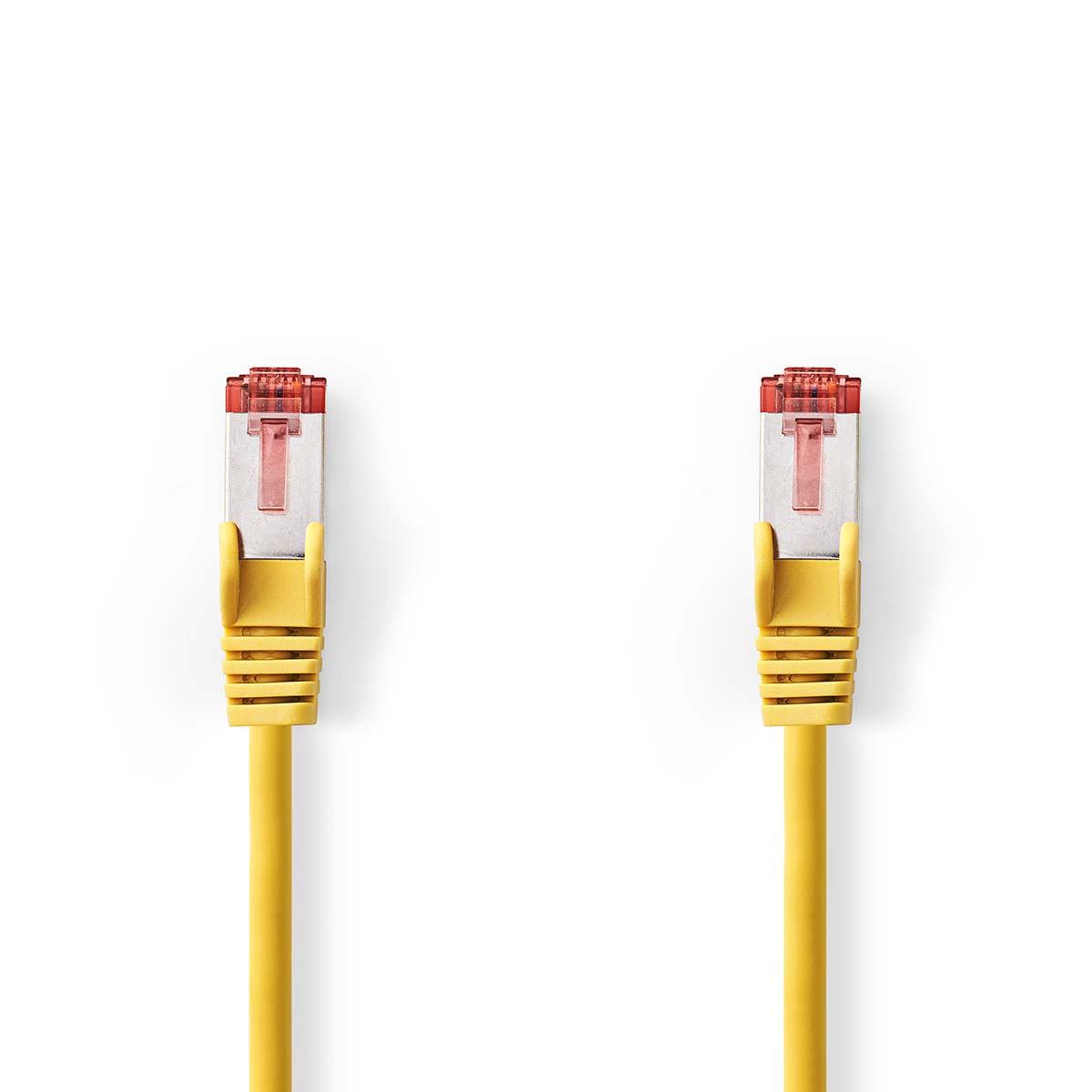 Deux câbles Ethernet jaunes avec connecteurs rouges, sur fond blanc.
