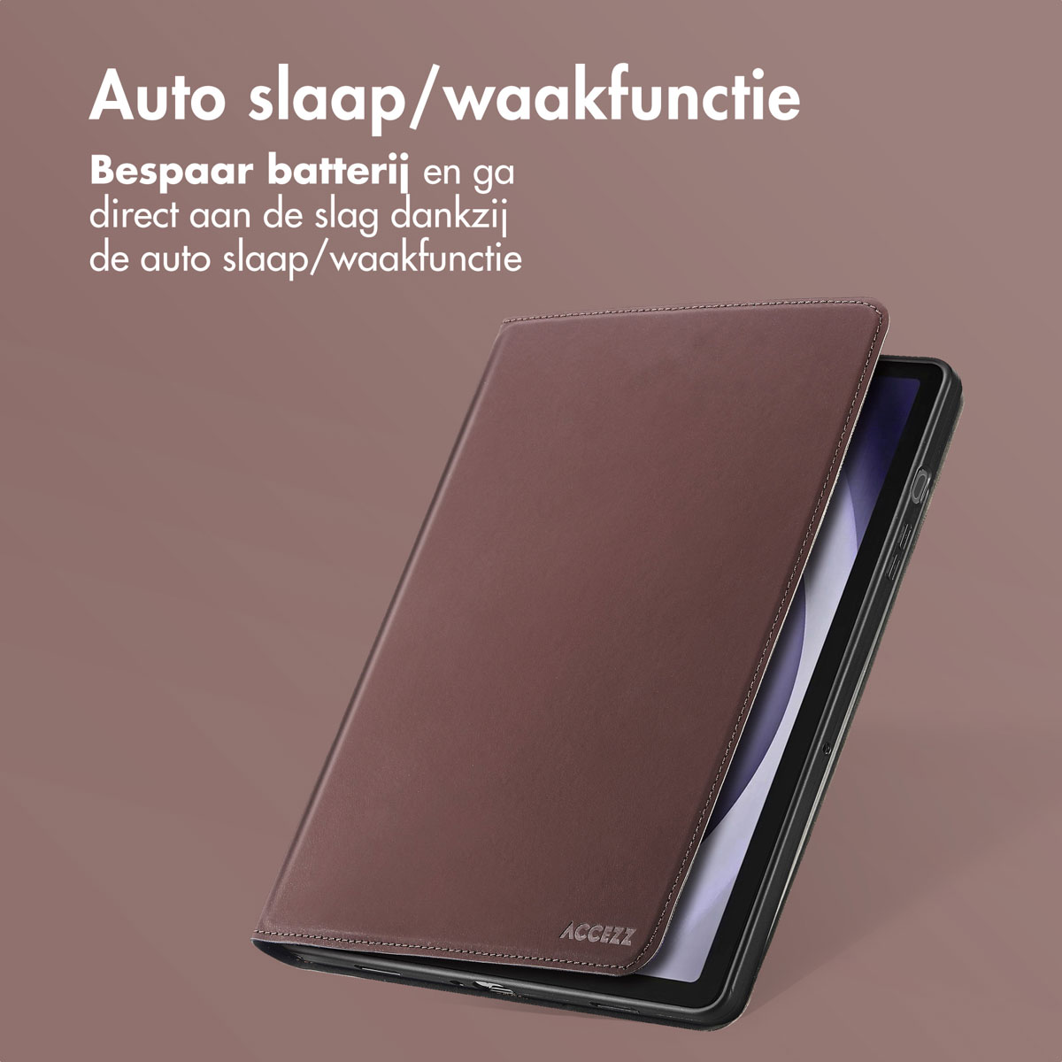A tablet in a brown case, with Dutch text.