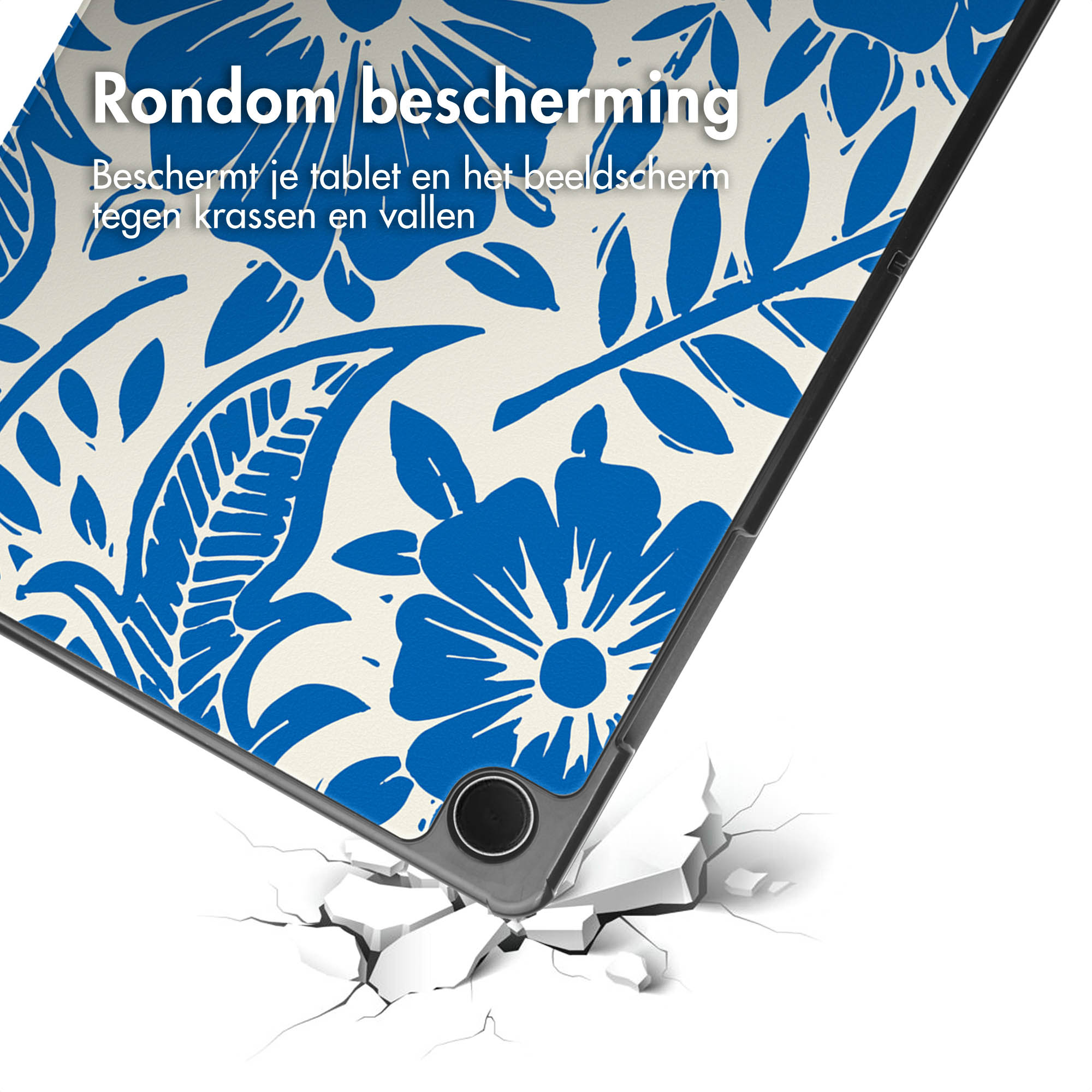 Blue floral tablet case on a white surface with cracks.