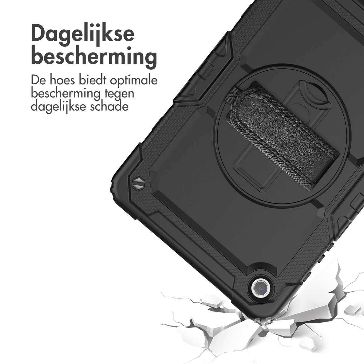 Black tablet case, cracked ground effect, black background with text. 