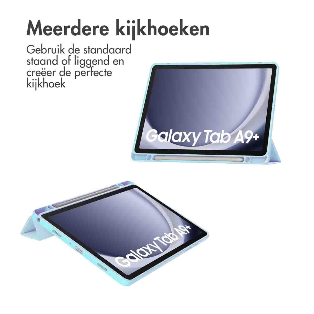 Two Galaxy Tab A9+ tablets in cases, one open and one closed, with text in Dutch.