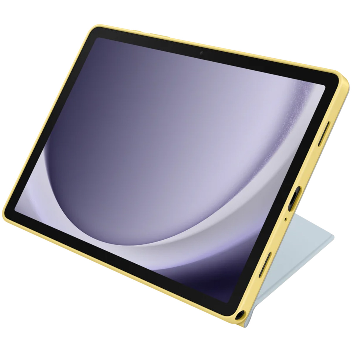 Tablet w żółtym etui z jasnoniebieską osłoną.