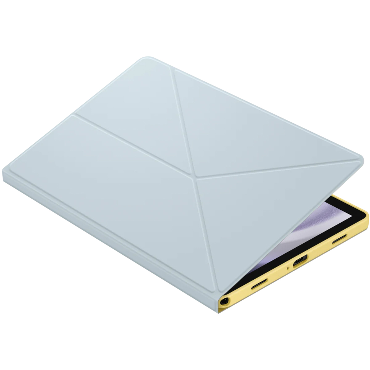 Jasnoniebieskie etui na tablet częściowo otwarte, odsłaniające żółte urządzenie.