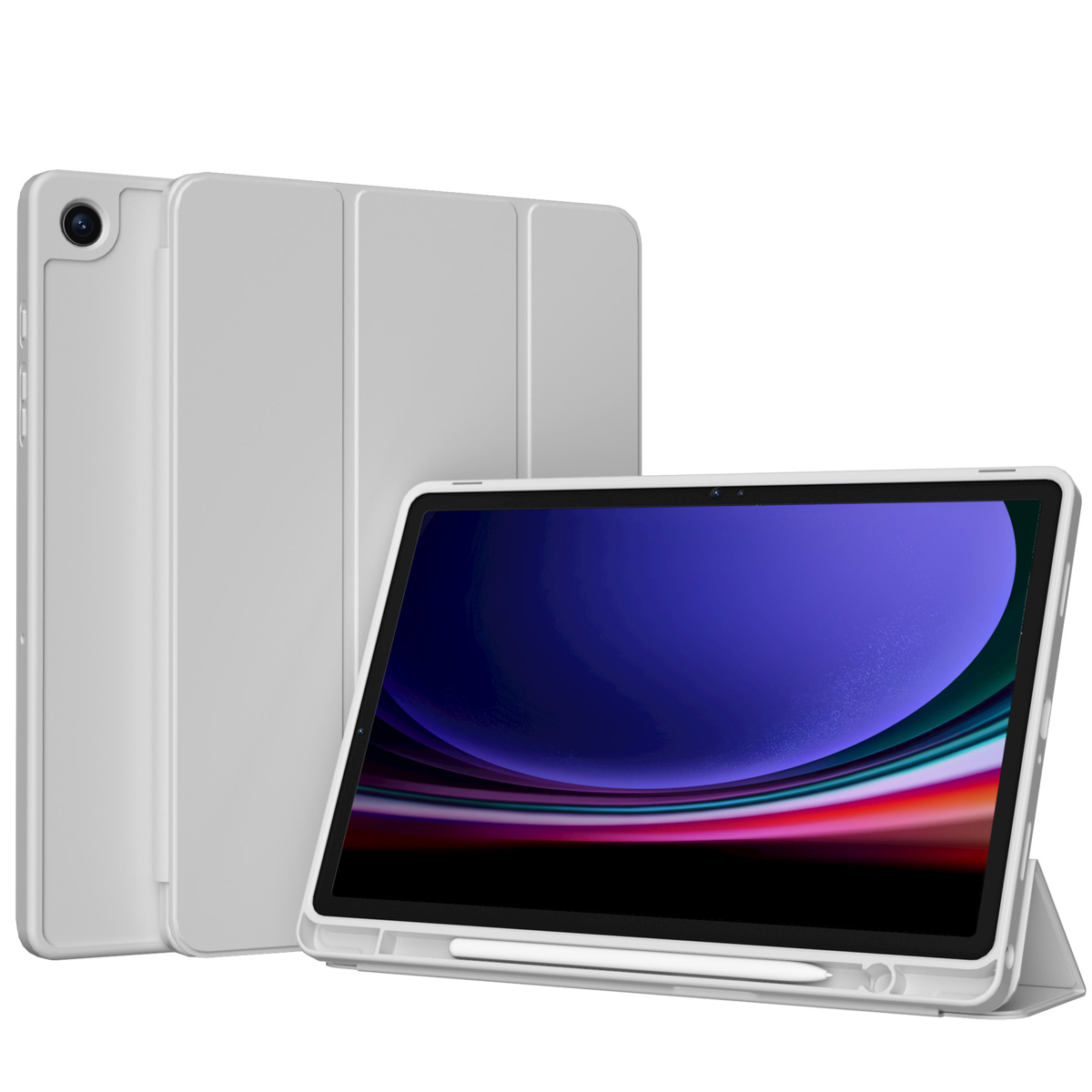 A grey tablet with a case, the tablet is on its side with the case behind it.