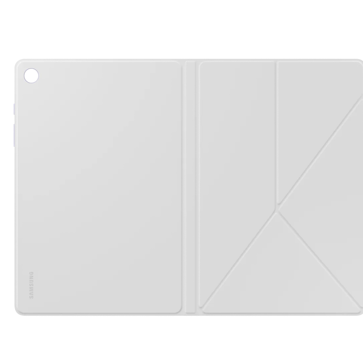 Funda blanca para tablet, abierta y plegada. Logotipo de Samsung visible. Fondo blanco.