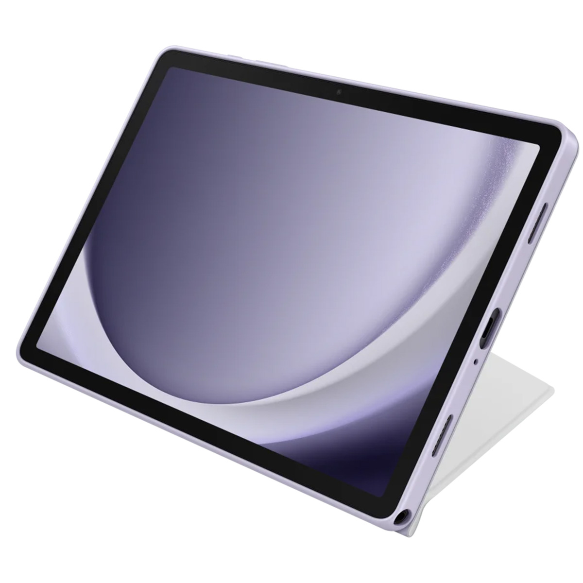 Tableta morada con funda. La pantalla muestra un degradado morado claro.