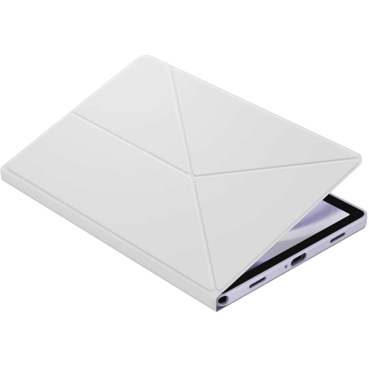 Funda blanca plegable para tablet, abierta para revelar la tablet en su interior.