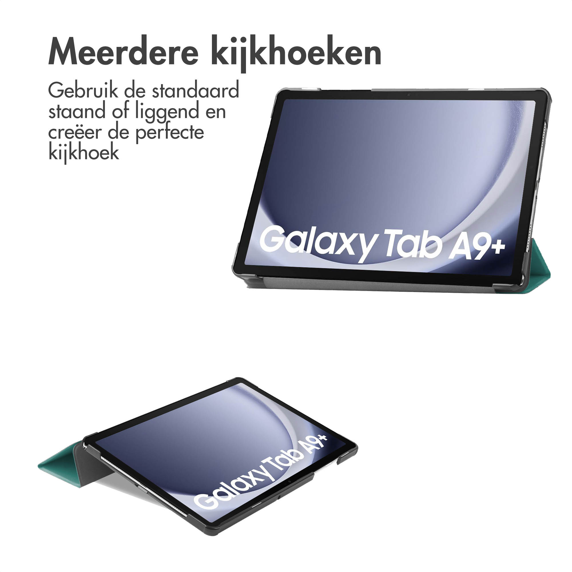 Twee Galaxy Tab A9+ tablets in hoesjes, één open en één gesloten, met Nederlandse tekst.