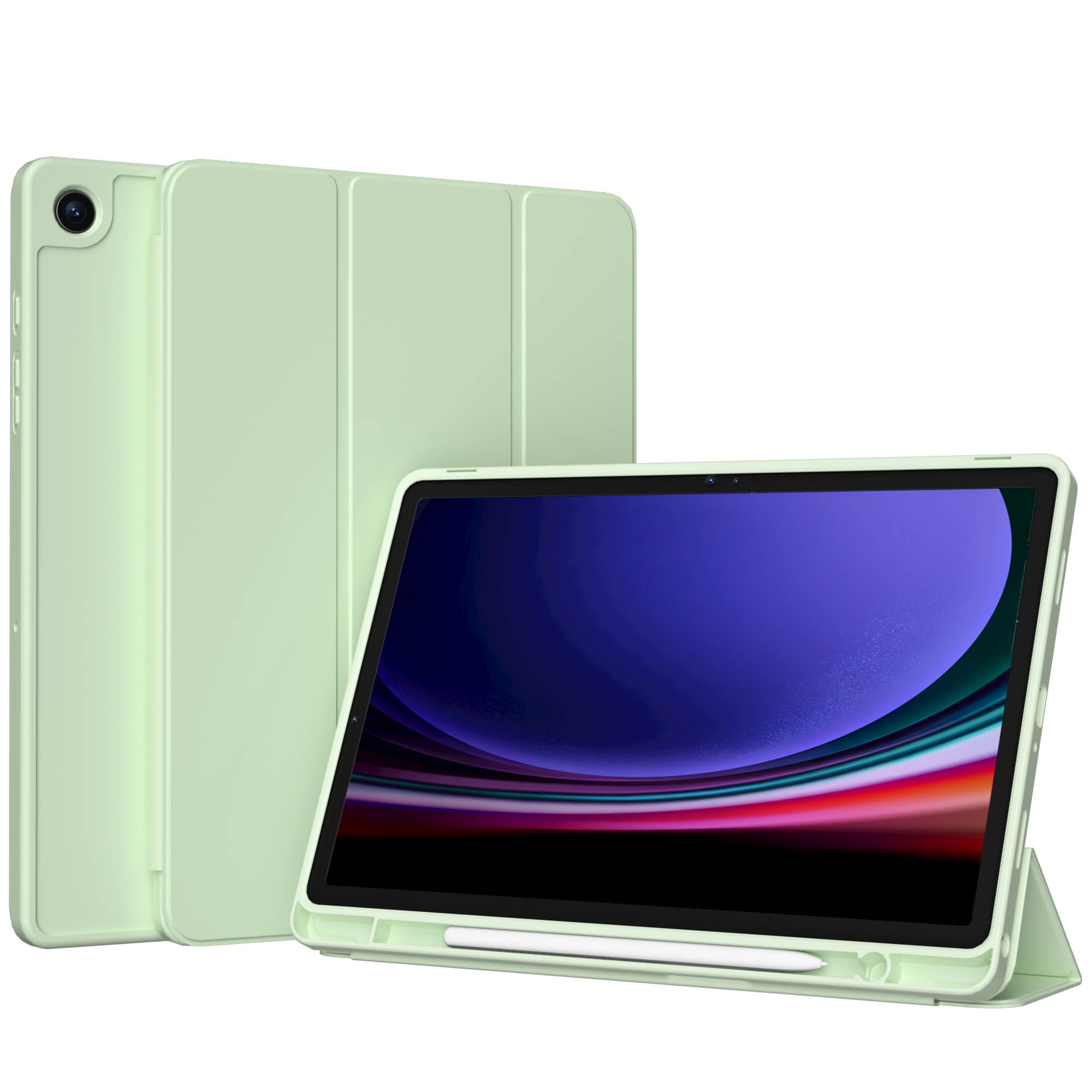 A green tablet case with a tablet inside, along with another case, and a stylus on a white surface.