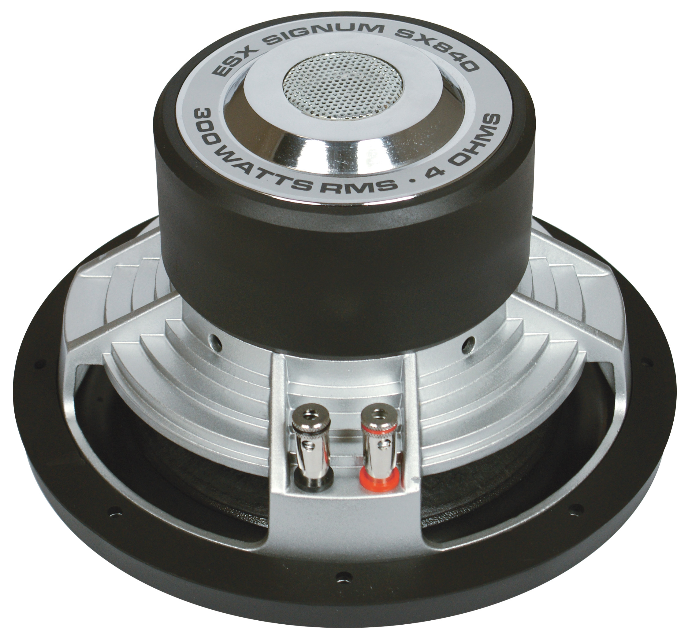Ein schwarzer und silberner Subwoofer mit Mesh-Oberseite und rot/schwarzen Anschlüssen. Marke: ESX Signum.