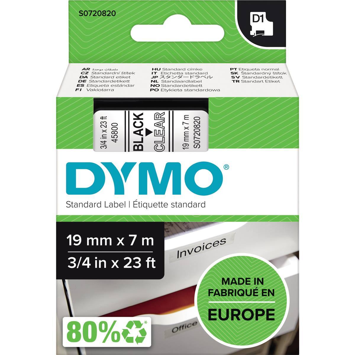DYMO Etikettenband Verpackung. Zeigt 'BLACK CLEAR' Band, Größe 19mm x 7m, und 'MADE IN EUROPE'.