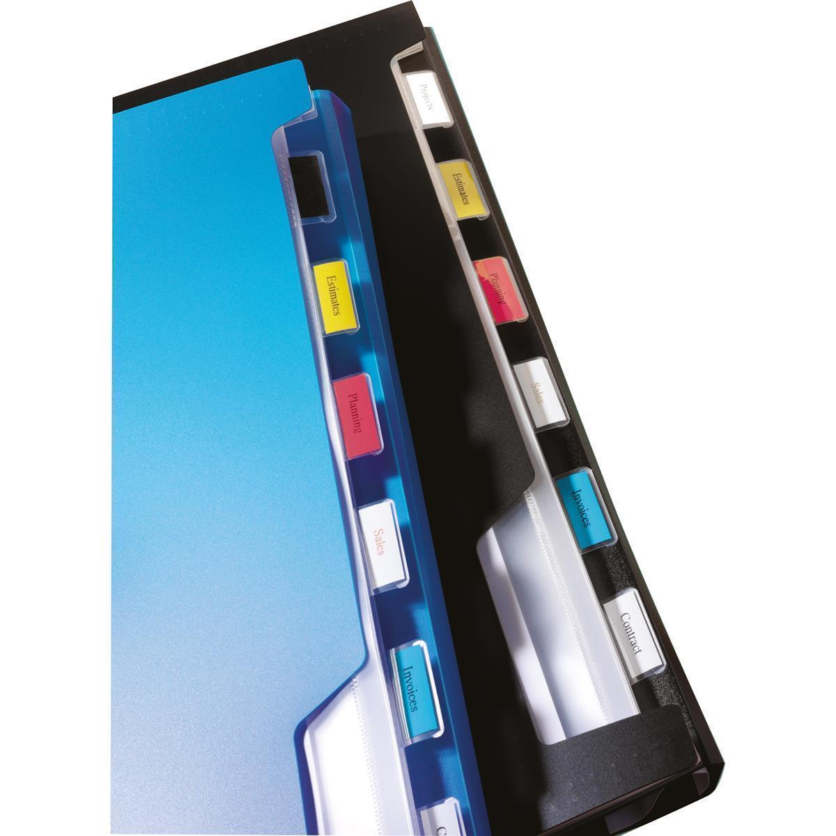 Blaue und schwarze Ordnerregister mit farbigen Laschen, beschriftet mit 'Rechnungen', 'Verkauf' usw.