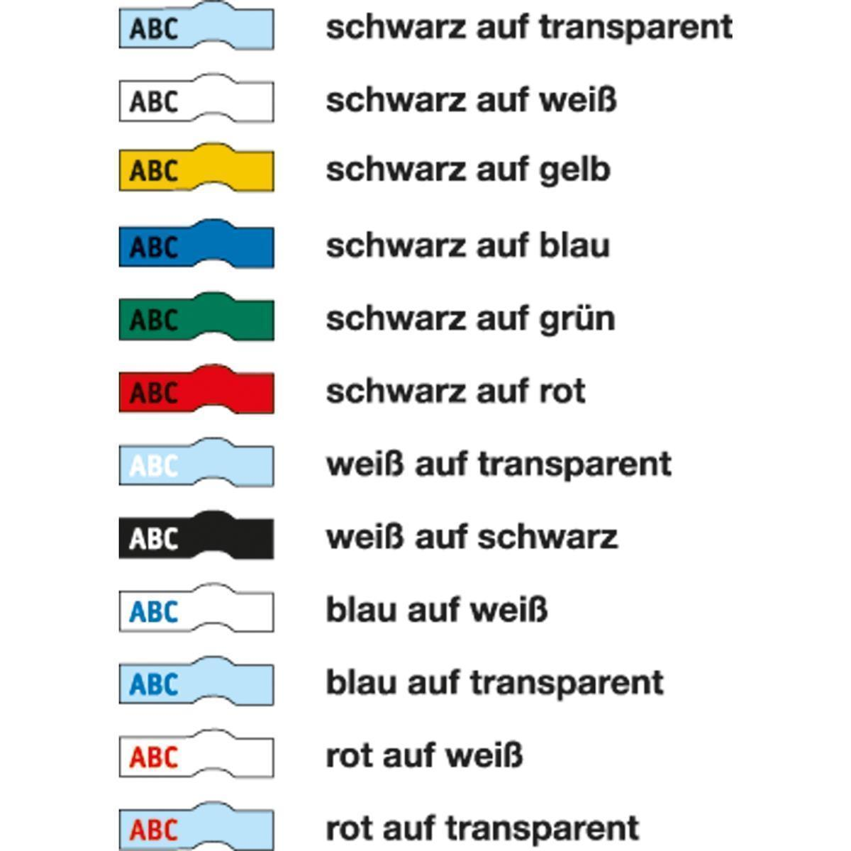 Farbmuster mit Text: schwarz auf transparent, schwarz auf weiß, schwarz auf gelb, blau auf blau usw.