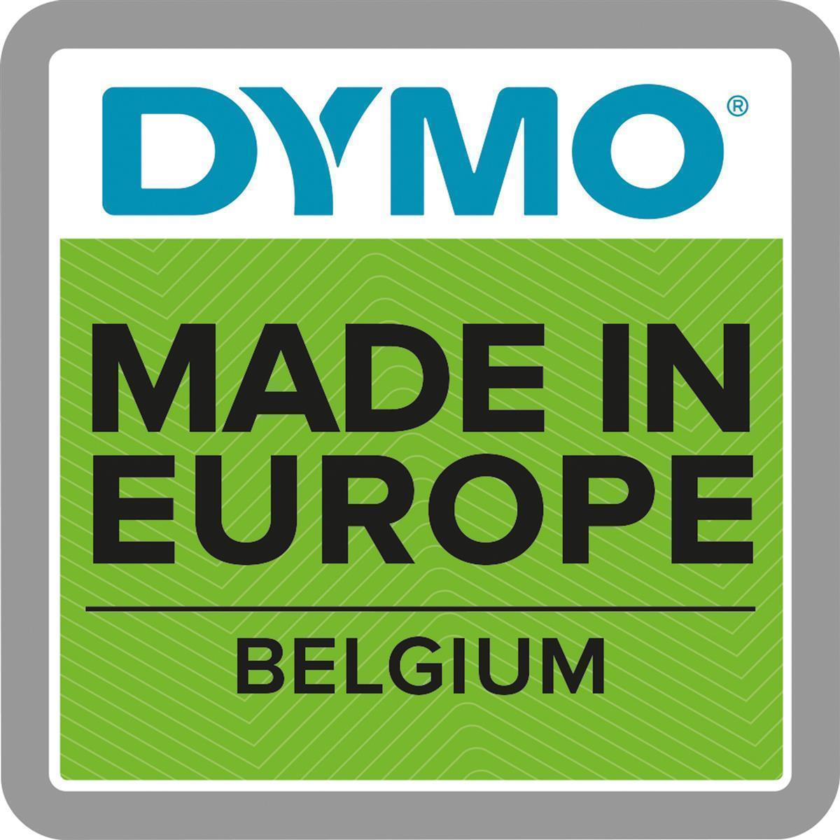 Das DYMO-Logo mit dem Text 'MADE IN EUROPE' und 'BELGIUM' auf grünem Hintergrund.