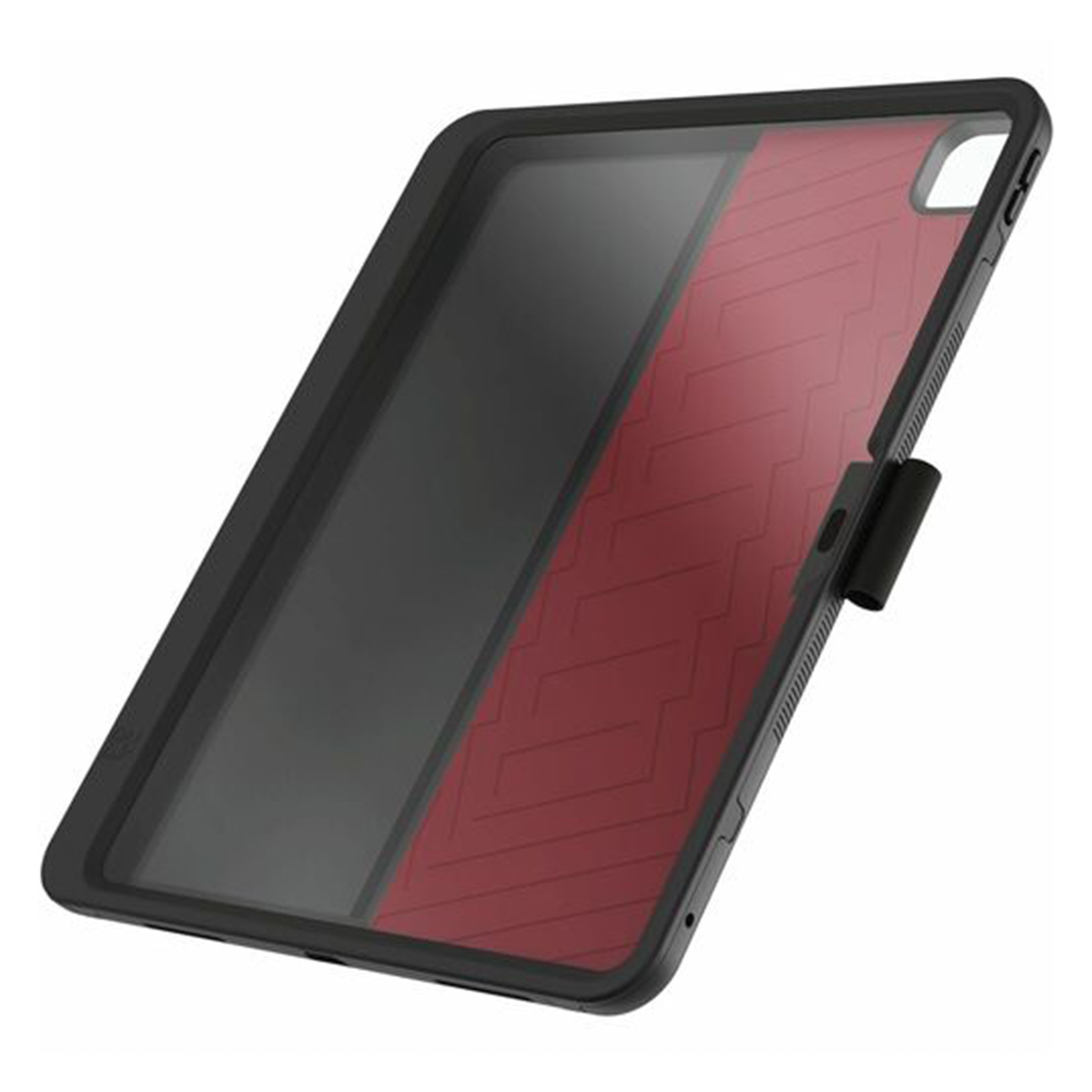 Tablet case, black frame and red interior.