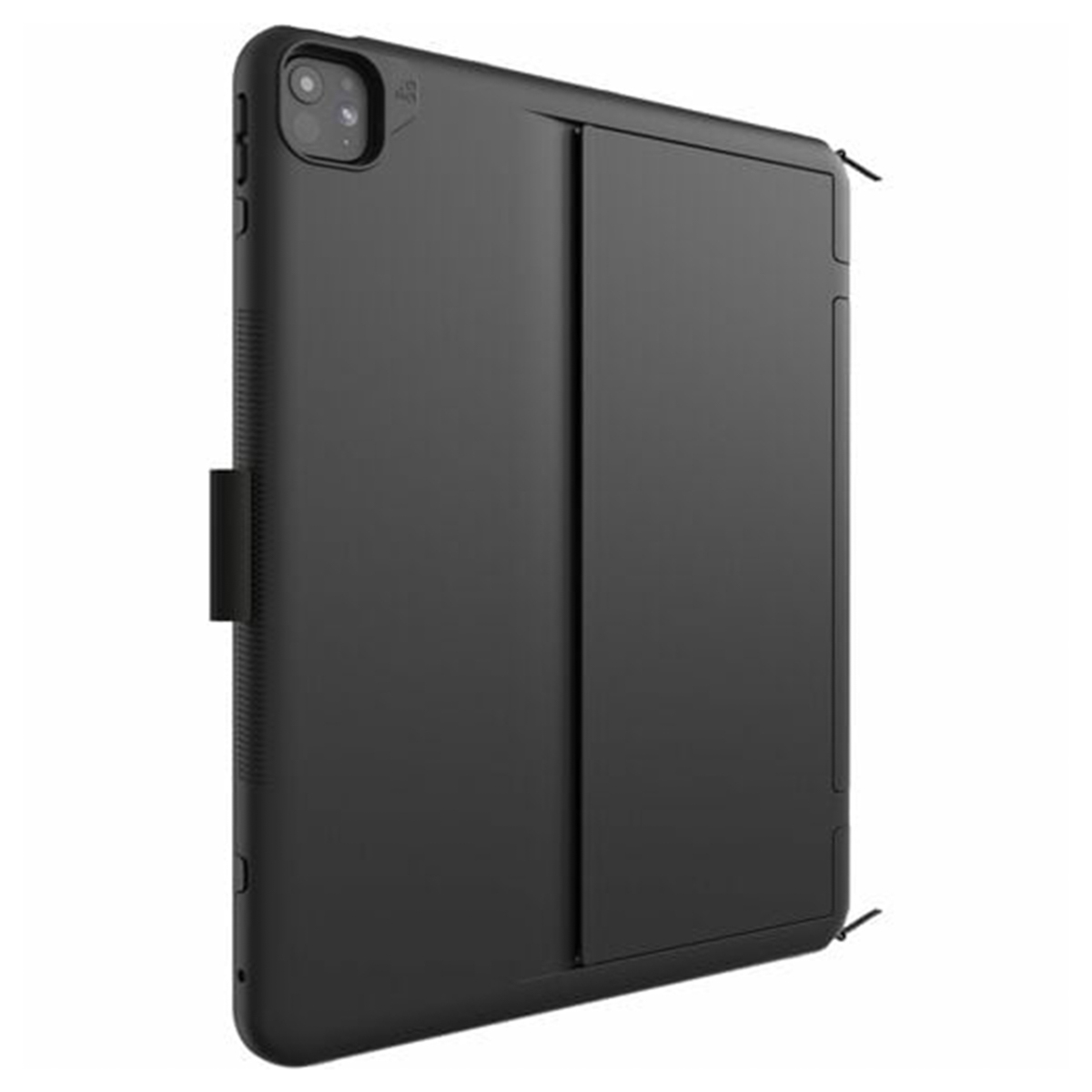 Black tablet case, closed, side view. The camera and power button are visible.