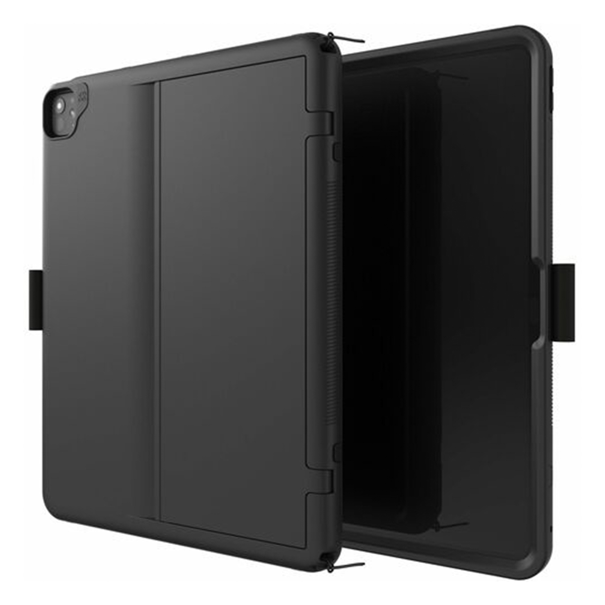 A black tablet case, open, with a hinge. The case is made of hard material.
