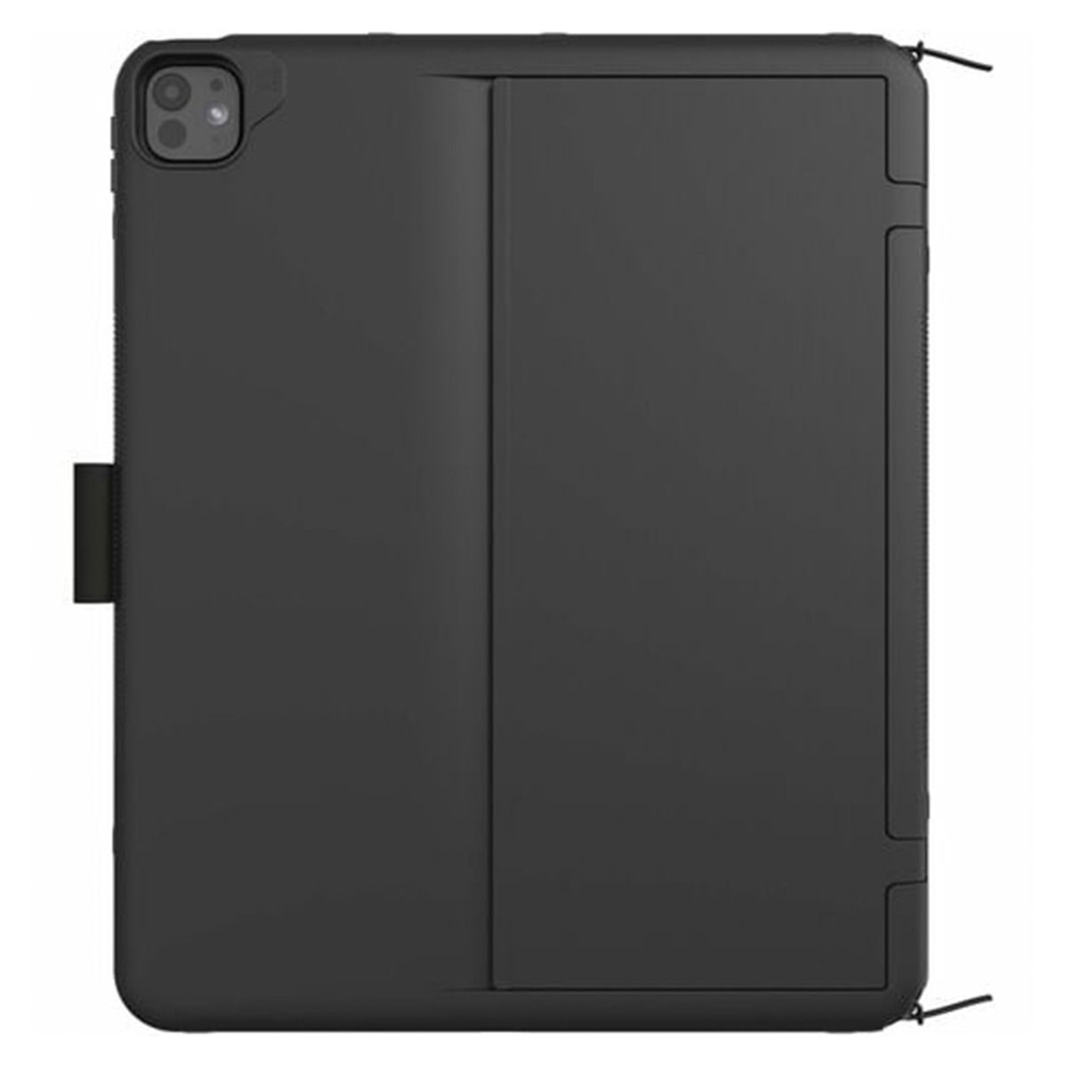Black tablet case, closed, with camera and button cutouts. 