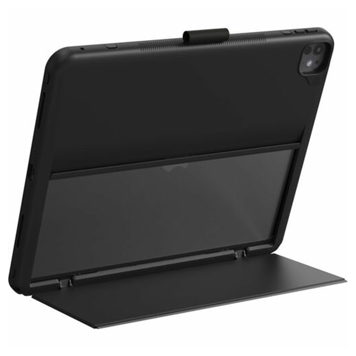 Black tablet case open, with a clear screen cover and a black cover.
