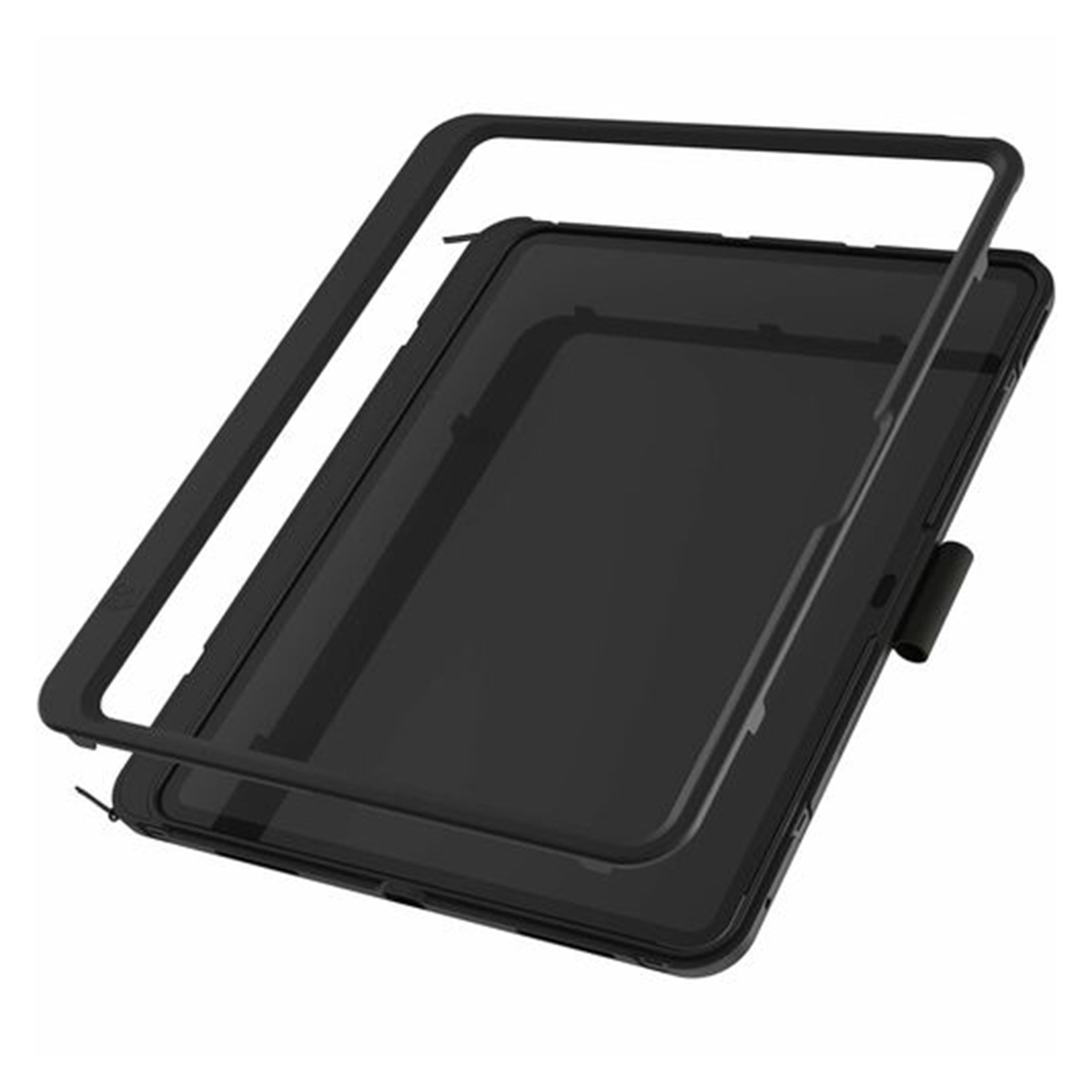 Black tablet case with a tablet inside, showing the frame and the protective structure.