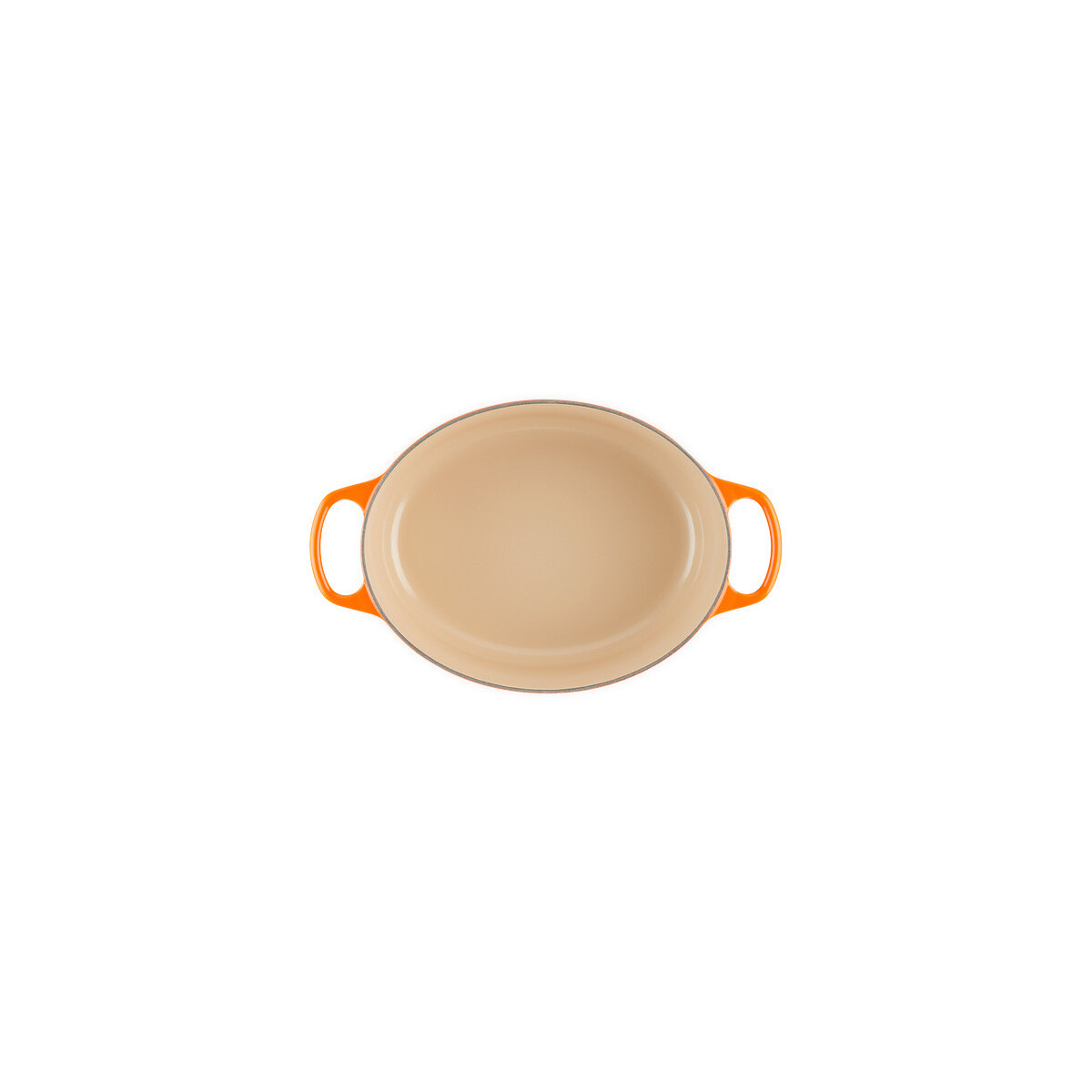 Olla naranja, vista superior, sobre un fondo blanco. Las asas son naranjas.