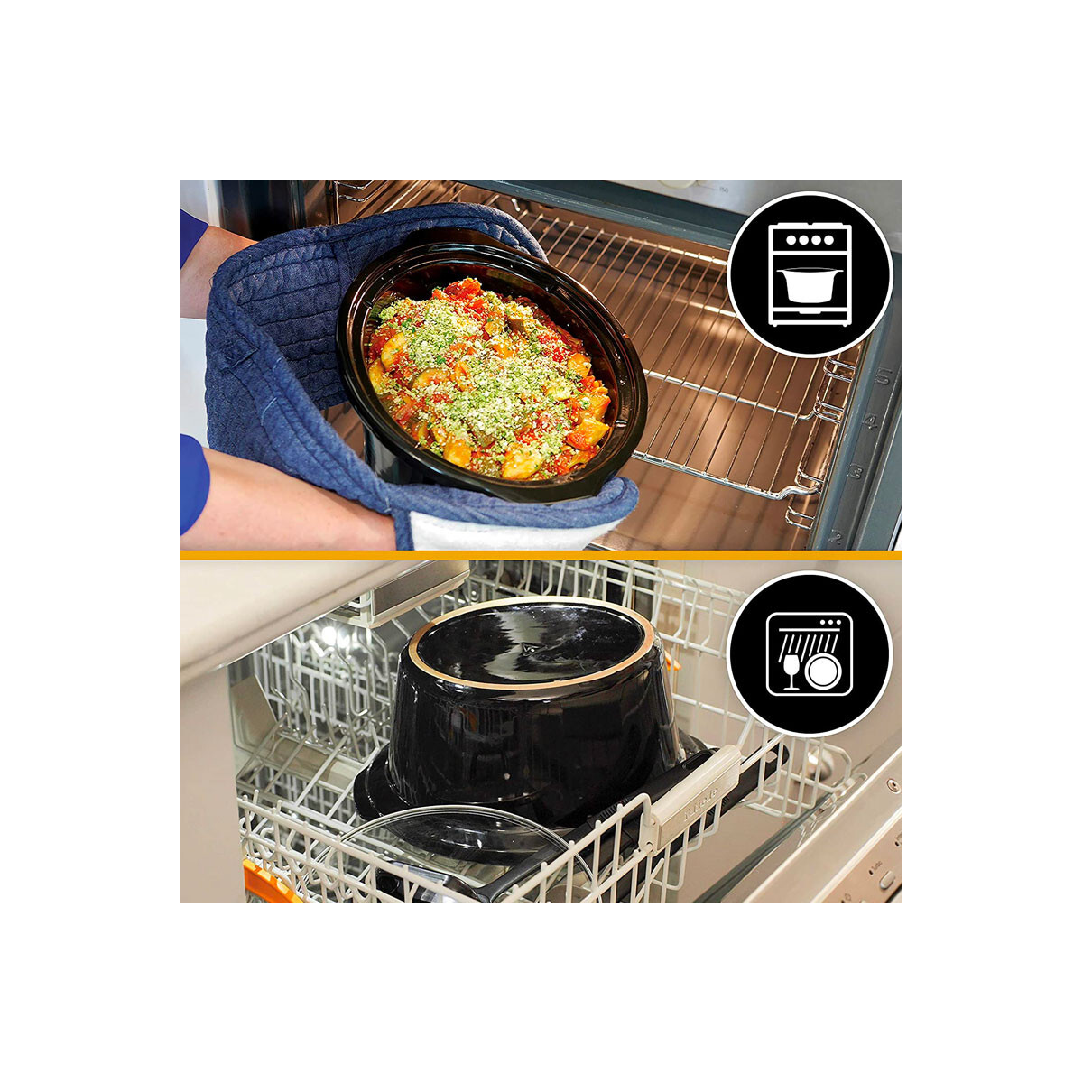 Czarny wolnowar z jedzeniem w środku, pokazany w piekarniku i zmywarce, z symbolami.