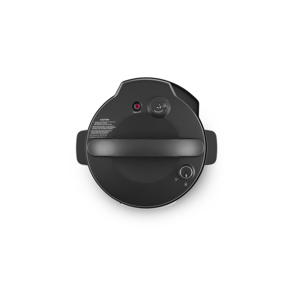 Widok z góry na czarne urządzenie kuchenne. Czarne urządzenie z przyciskami i uchwytem na białej powierzchni.