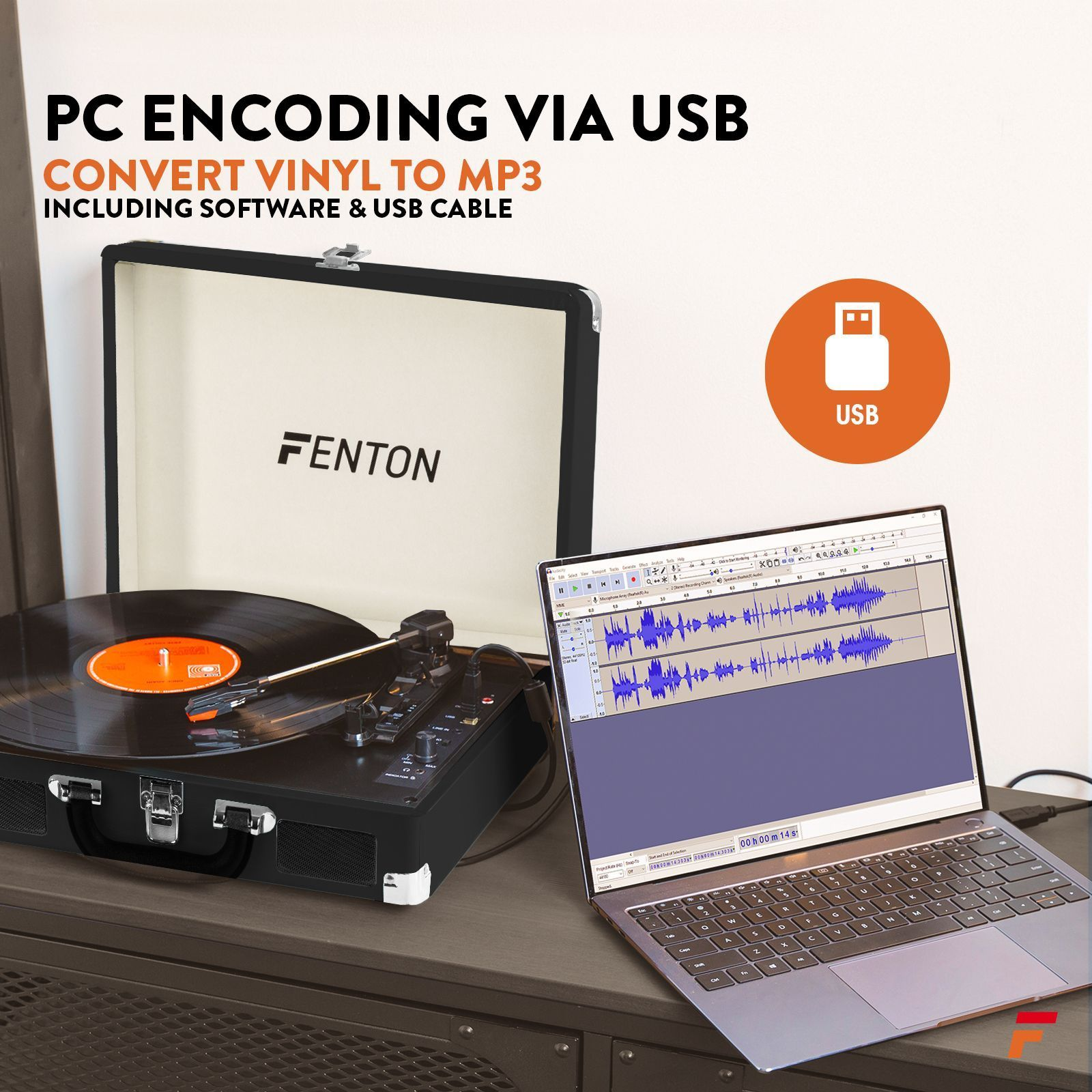 Plattenspieler und Laptop auf einem Tisch, Konvertierung von Vinyl zu MP3 über USB. Schwarz-Weiß-Farbschema.