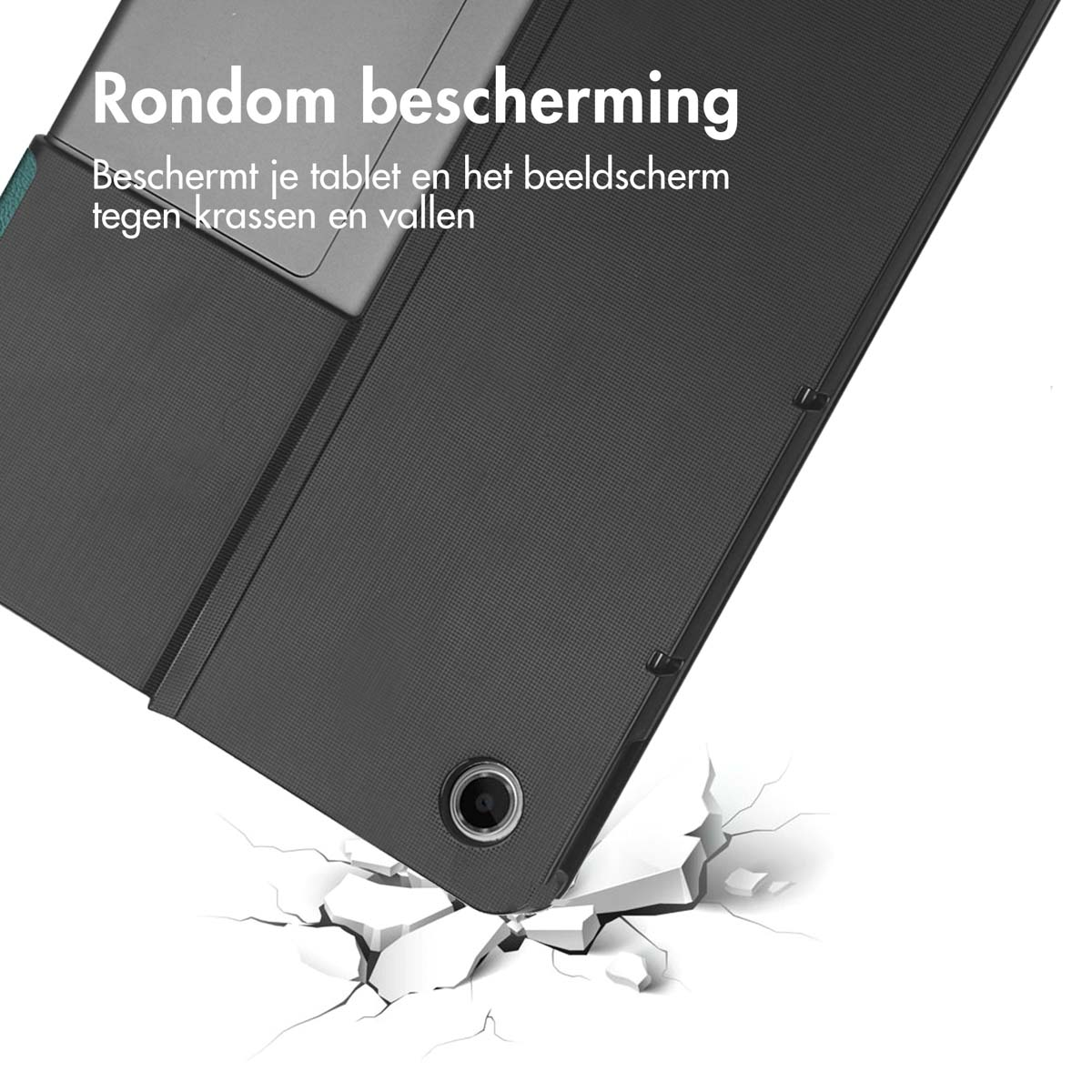 Black tablet case, angled, showing open design and impact damage. Text at top.