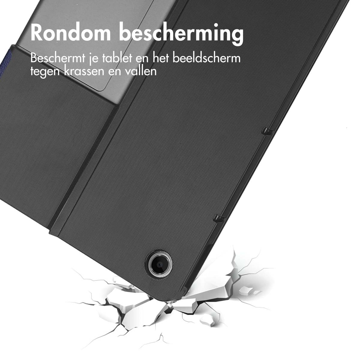 Black tablet case on white surface. The case is open and shows the inside.