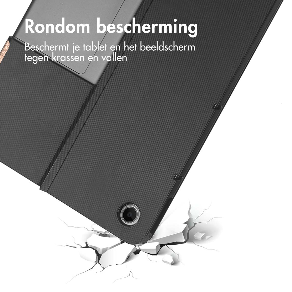 A black tablet case with a corner broken. The case is on a white background.